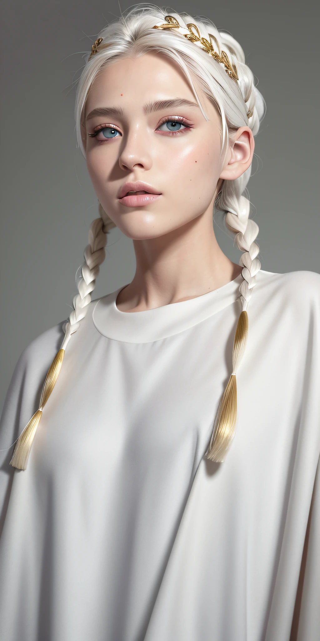 best quality, masterpiece,white hair, gold eyes,white clothes, looking up, upper body,hair strand,Fair skin,side braids