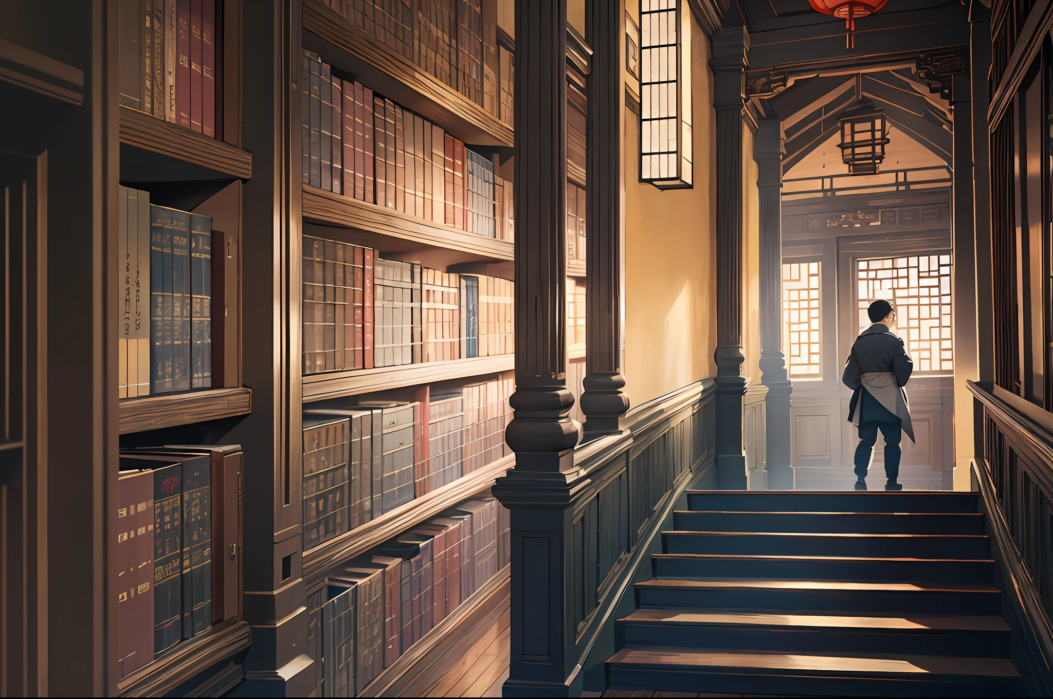 Best quality, masterpiece, high resolution, library cabinet, wooden, stairs, four floors, lots of books, back of a boy, looking ahead, 18 years old, short black hair, white pajamas, 4k, 8k,. Chinese ancient style. ,8K UHD, DSLR, soft light, high quality, volumetric light, from the side, Photo, high resolution, 4K, 8K.