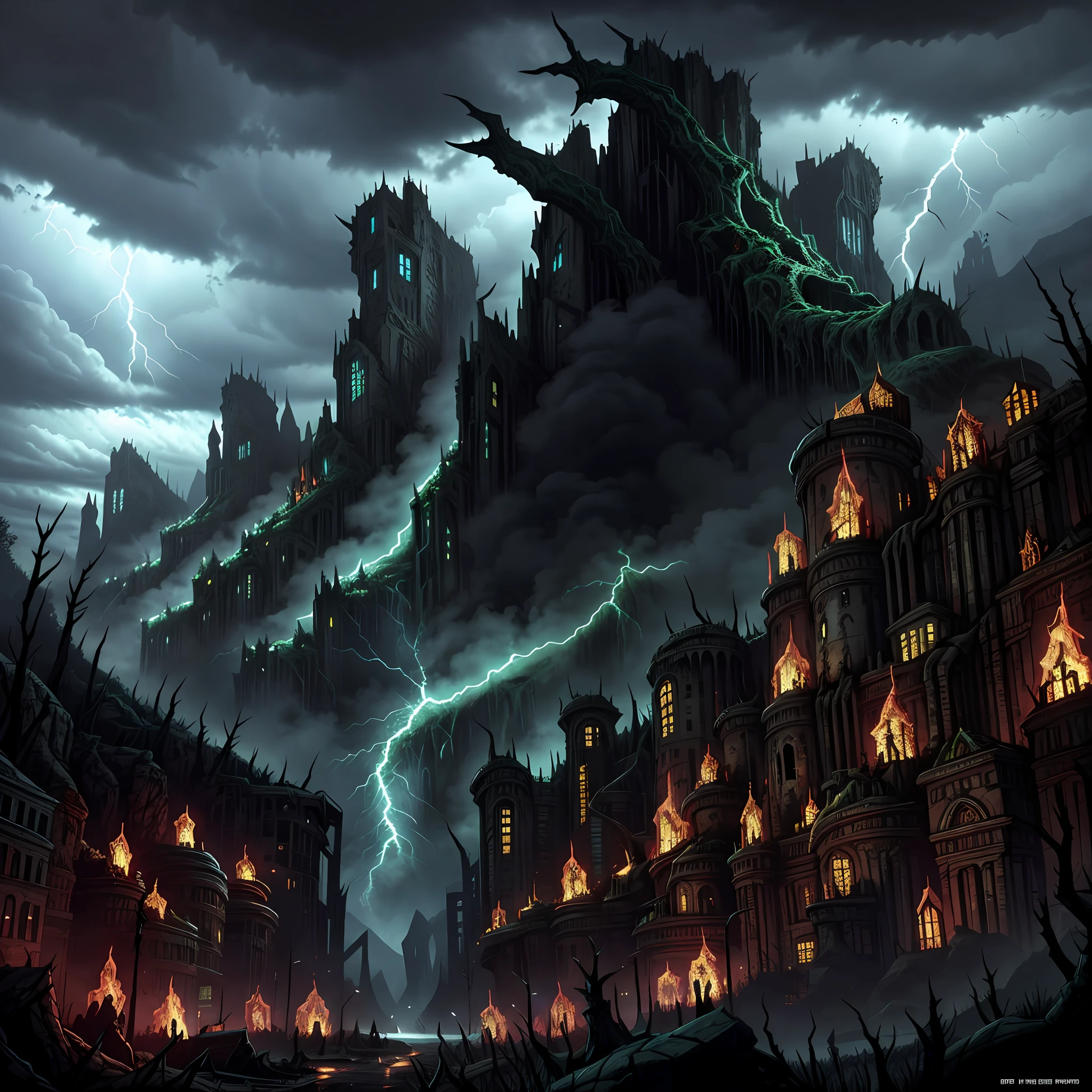 Catastrophic cataclysm taking souls, Valley of madness in background. Thorns, chaos, devastation, dramatic cloudy sky. Horror art, UHD, unreal engine, sketch color drawing.