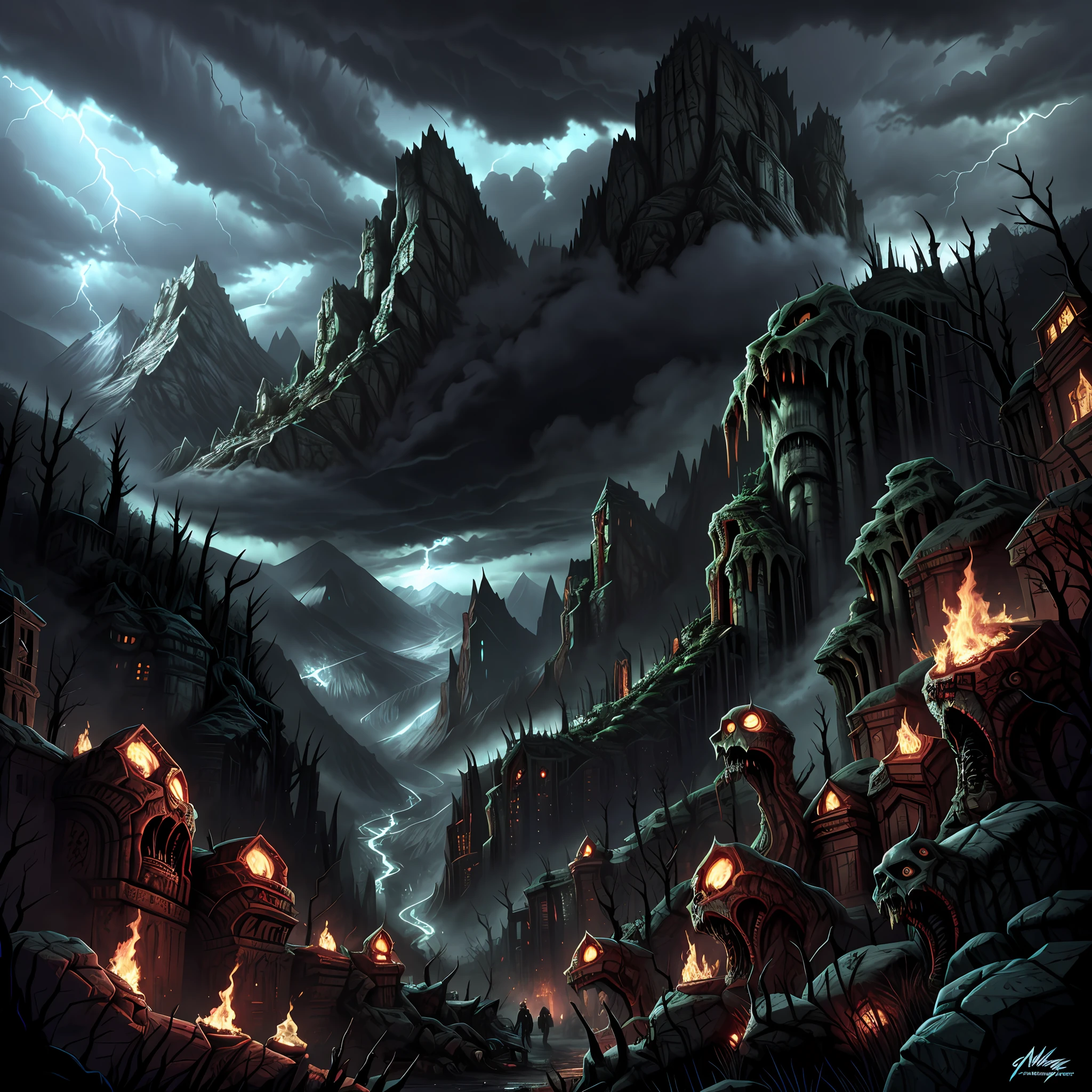 Catastrophic cataclysm taking souls, Valley of madness in background. Thorns, chaos, devastation, dramatic cloudy sky. Horror art, UHD, unreal engine, sketch color drawing.