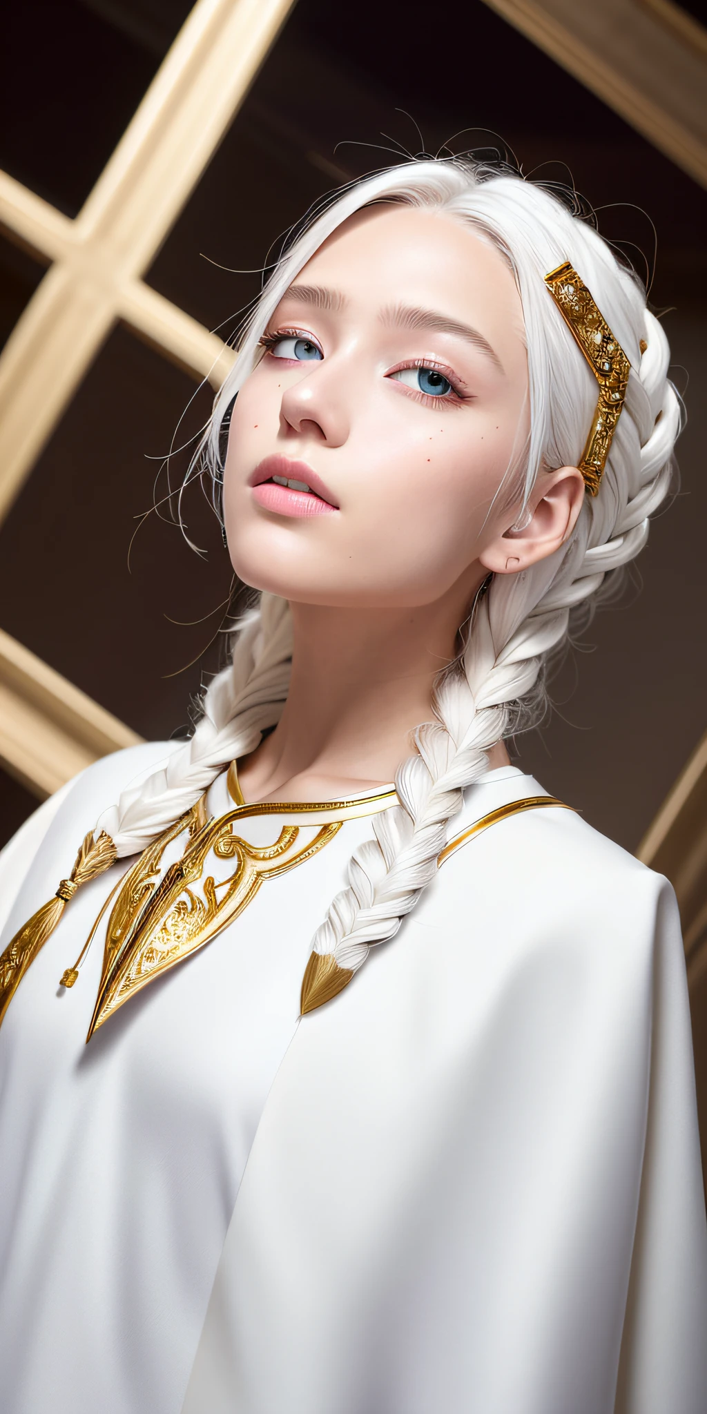 best quality, masterpiece,white hair, gold eyes,white clothes, looking up, upper body,hair strand,Fair skin,side braids