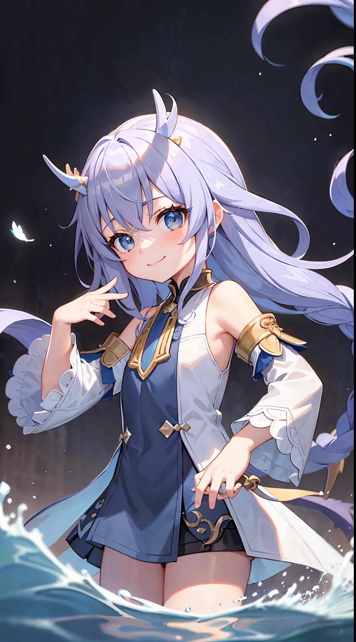 (best quality: 1.3), (masterpiece: 1.3), (illustration: 1.3), (super detailed: 1.3), (imid shot: 0.9), 1girl, solo, very young, upper body, short neck, small chest, Child (soaked in the stream: 1.2), dragon tail, girl, ahoge, blue eyes, gemstone eyes, super thin eyes, super thin face, shut up, smile, water, fish, sea, horns, costumes, Donglong,