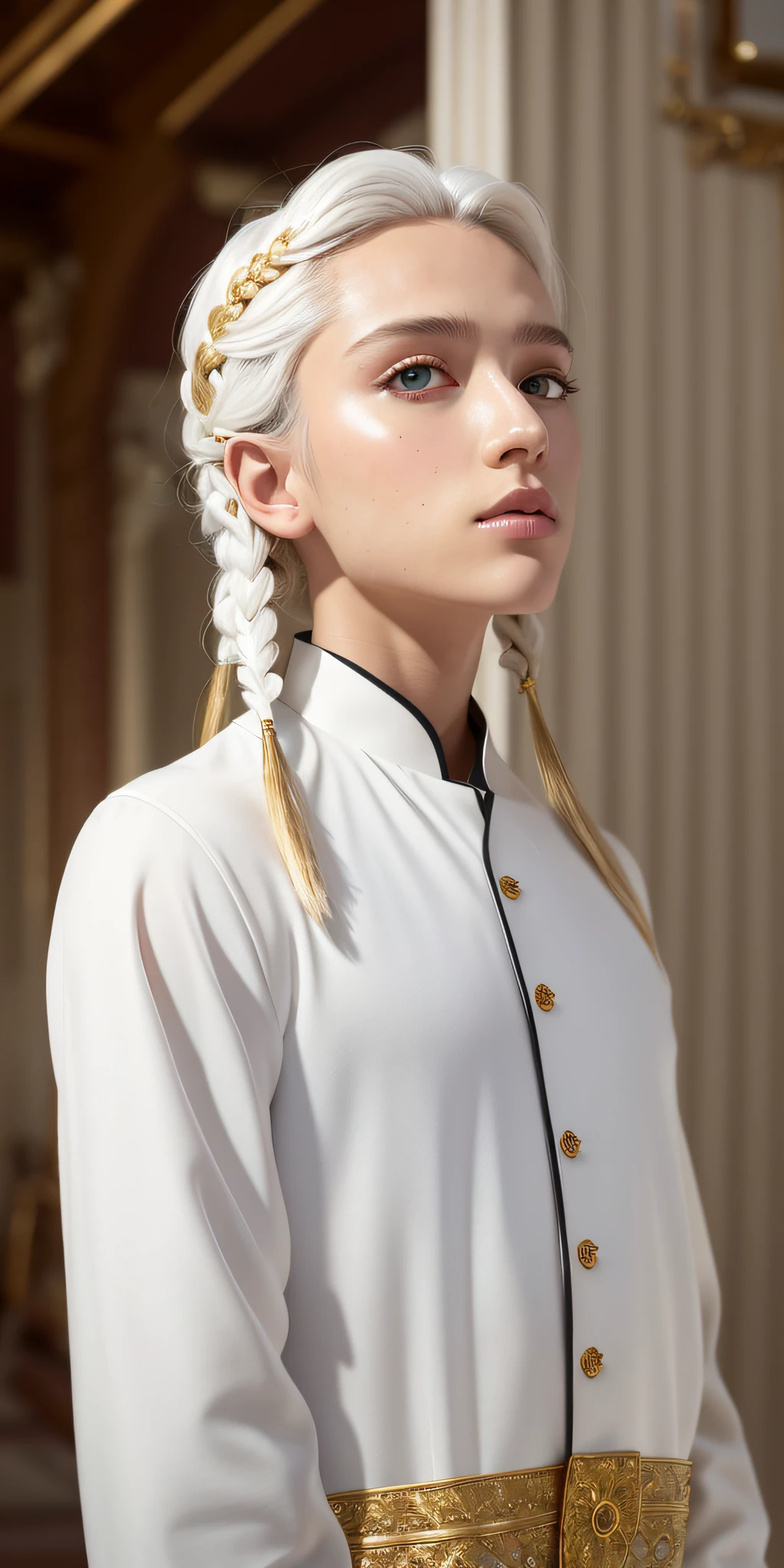 best quality, masterpiece,white hair, gold eyes,white clothes, looking up, upper body,hair strand,Fair skin,side braids