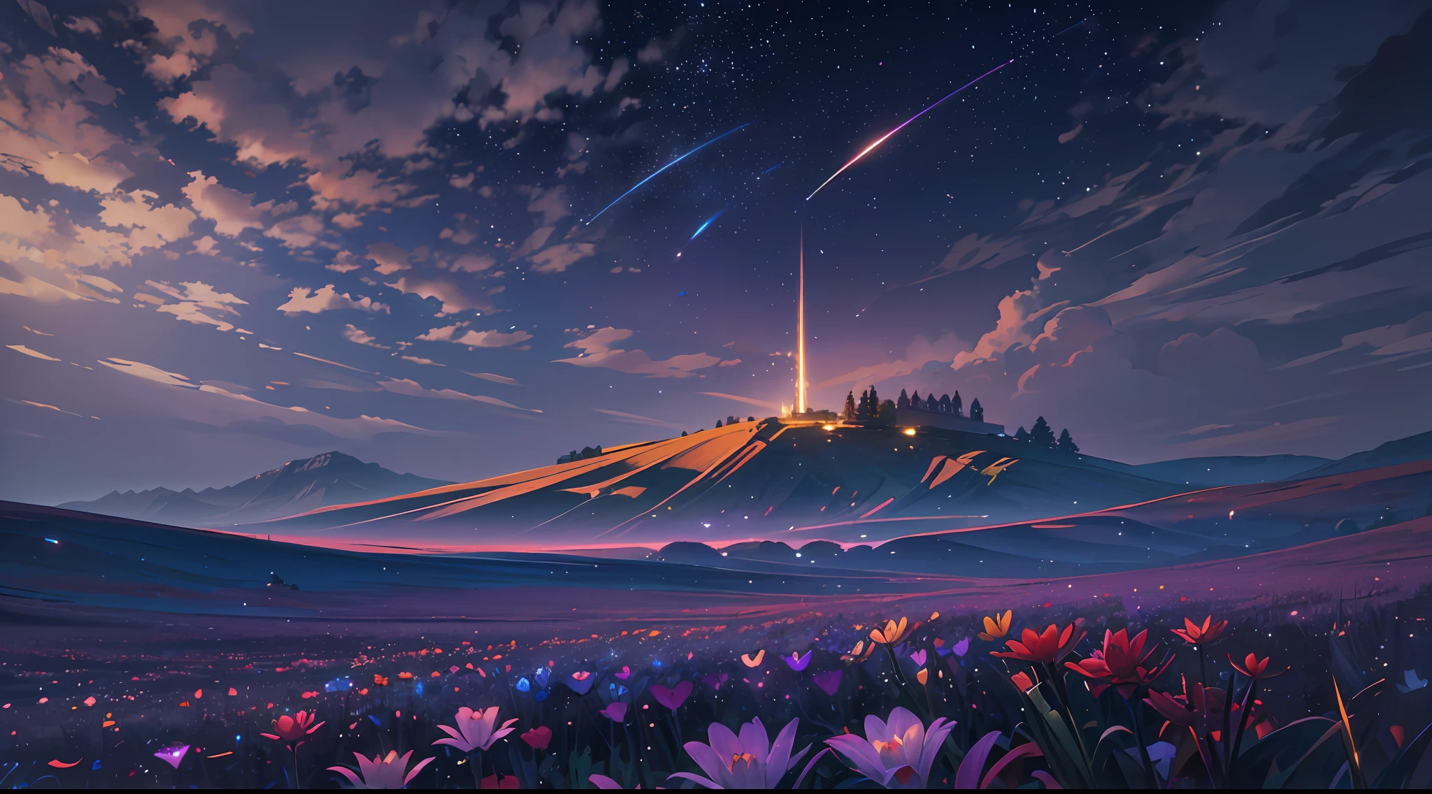 A wide landscape photo, (viewed from below, the sky is above, and the open field is below), a girl standing on a flower field looking up, (full moon: 1.2), (meteor: 0.9), (nebula: 1.3), distant mountains , Trees BREAK Crafting Art, (Warm Light: 1.2), (Firefly: 1.2), Lights, Lots of Purple and Orange, Intricate Details, Volumetric Lighting BREAK (Masterpiece: 1.2), (Best Quality), 4k, Ultra Detailed, (Dynamic Composition: 1.4), Rich in Detail and Color, (Rainbow Color: 1.2), (Glow, Atmospheric Lighting), Dreamy, Magical, (Solo: 1.2) --auto --s2
