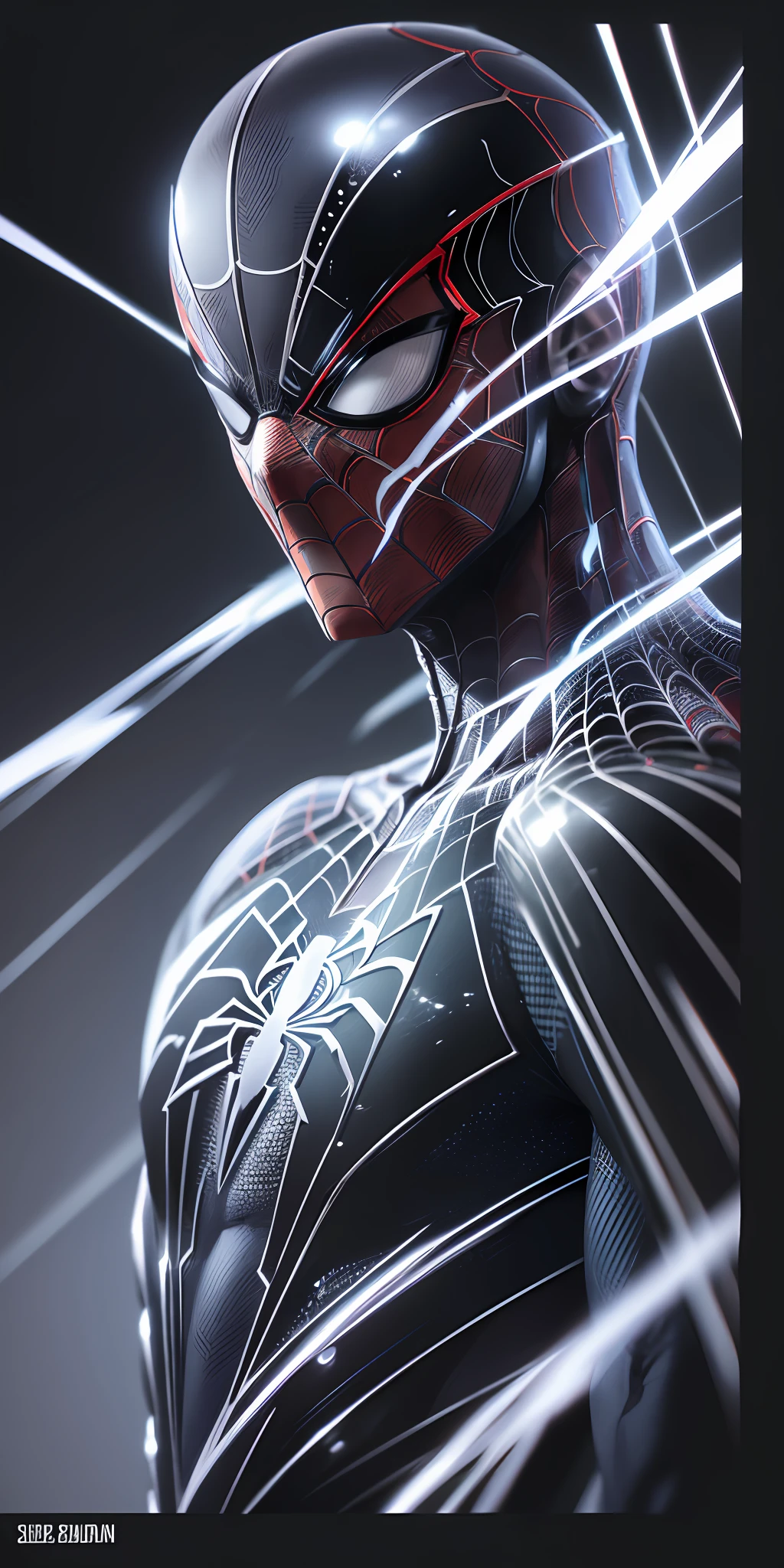 "The best possible quality in 8k resolution with an ultra-detailed image of Spider-Man in a futuristic black and white suit with a metallic web background. The focus is on the detailed textures and light and shadow effects on the suit. Add a touch of Cyberpunk style to the composition. Metaphor with metallic cobweb in the background, will add a stunning effect to the final image. ." --auto --s2