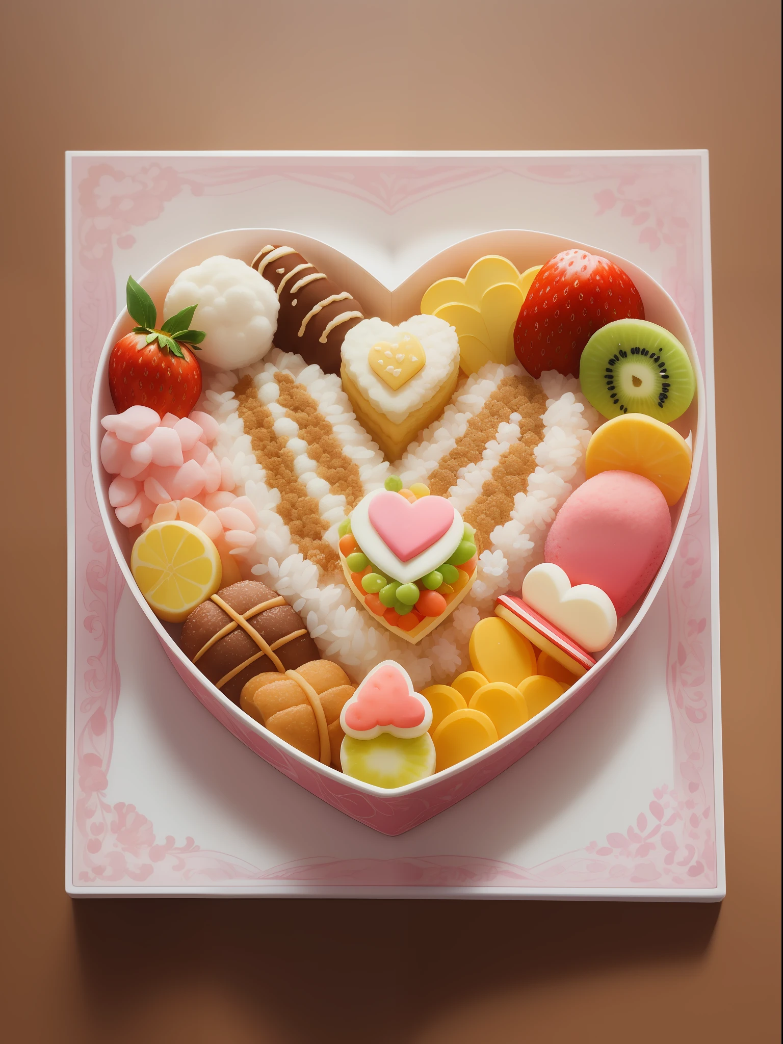 (((best quality))), ((super detailed))), (((masterpiece))), illustration, a super cute heart-shaped bento box with rice bears and rabbits, carefully arranged fruit and vegetable garlands, small and delicate desserts, and the words "Come on!" Complete photos of the most beautiful artworks in the world, including cute heart-shaped bento boxes with rice animals, fruit and vegetable garlands, delicate desserts, intricate details, high resolution, trends on social media, Instagram worthy, kawaii, cute, cute, sweet, pastel colors, trends on ArtStation, trends on CGSociety, children's books, illustrations, watercolor style, cartoon style, cute food art. No one