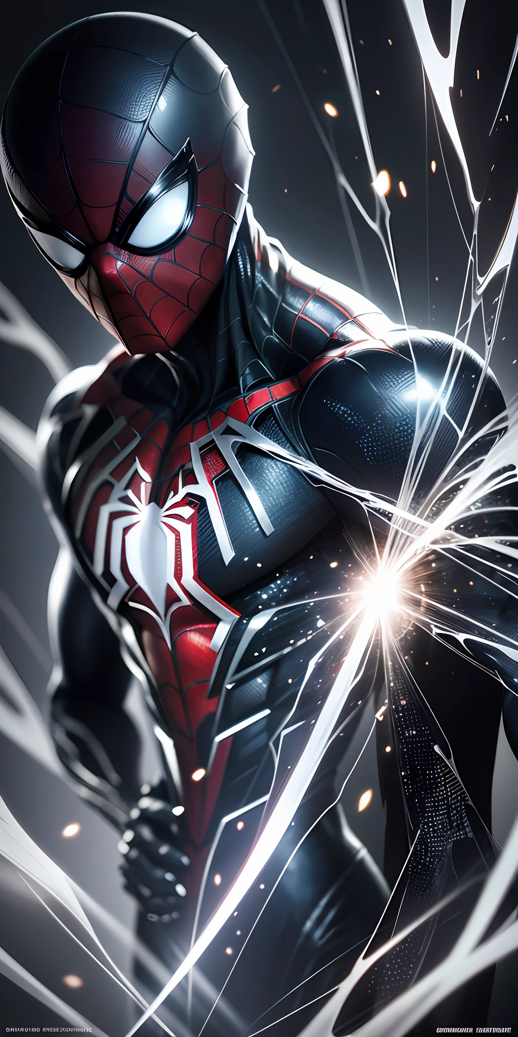 "The best possible quality in 8k resolution with an ultra-detailed image of Spider-Man in a futuristic black and white suit with a metallic web background. The focus is on the detailed textures and light and shadow effects on the suit. Add a touch of Cyberpunk style to the composition. Metaphor with metallic cobweb in the background, will add a stunning effect to the final image. ." --auto --s2