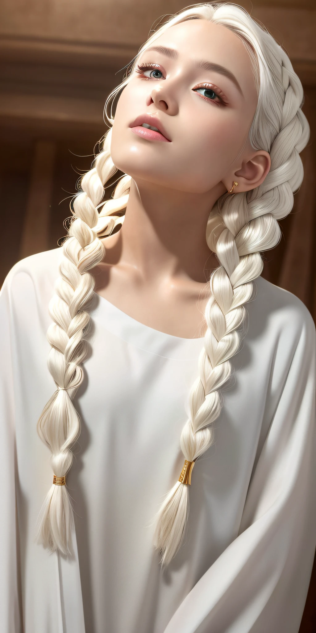 best quality, masterpiece,white hair, gold eyes,white clothes, looking up, upper body,hair strand,Fair skin,side braids