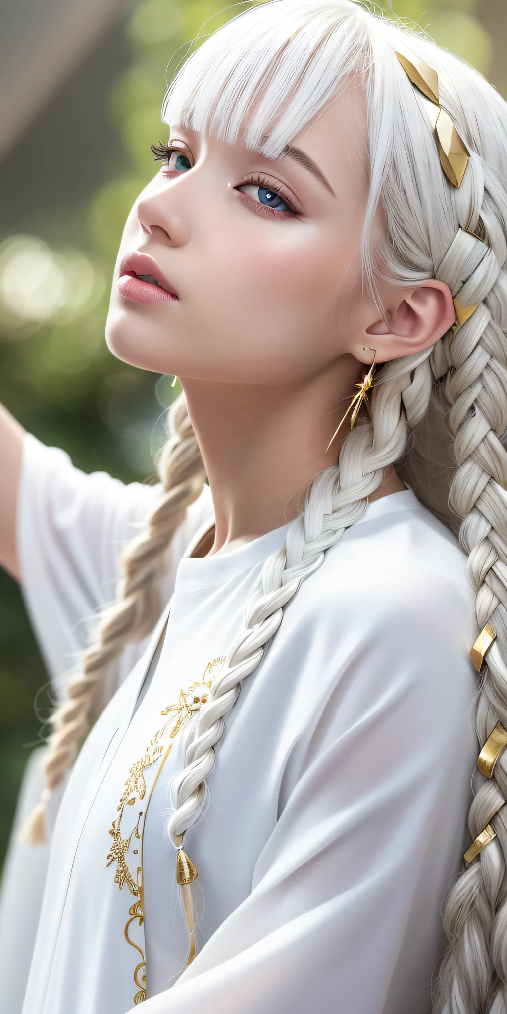 best quality, masterpiece,white hair, gold eyes,white clothes, looking up, upper body,hair strand,Fair skin,side braids