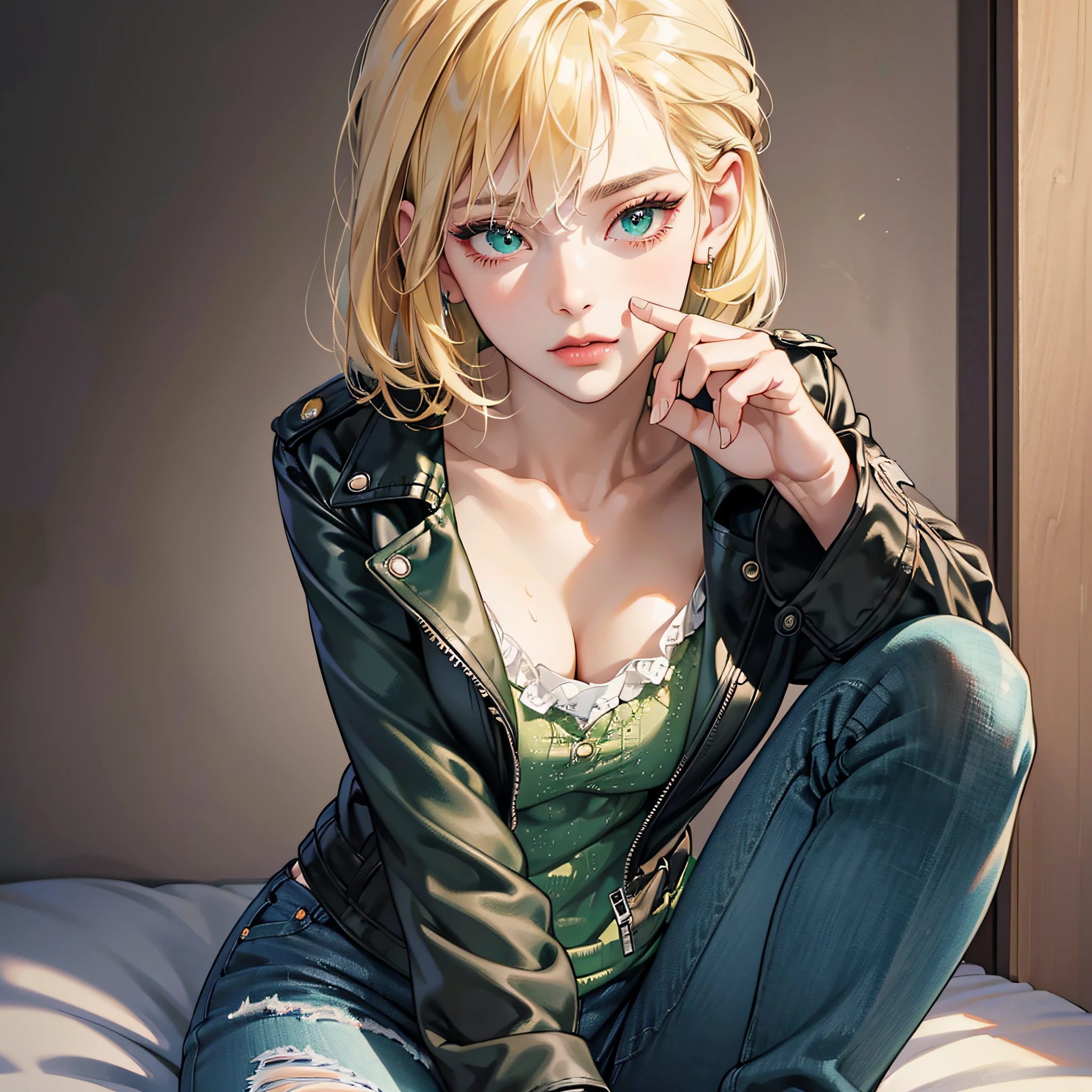 hyper-realistic), (illustration), (high resolution), (8K), (extremely detailed), (best illustration), (beautiful detailed eyes), (best quality), (ultra-detailed), (masterpiece), (wallpaper), (detailed face) 1 girl, short blonde hair at the shoulder, a bangs, slightly defined abdomen, sexy, in high detail, natural red lips, emerald green eyes, long eyelashes, flushed cheeks, medium breasts, highly detailed, dark jeans, short green blouse, black leather jacket, white sock above knee, black sneakers, dynamic pose, asking for silence, index finger on lips, high rendering --auto --s2
