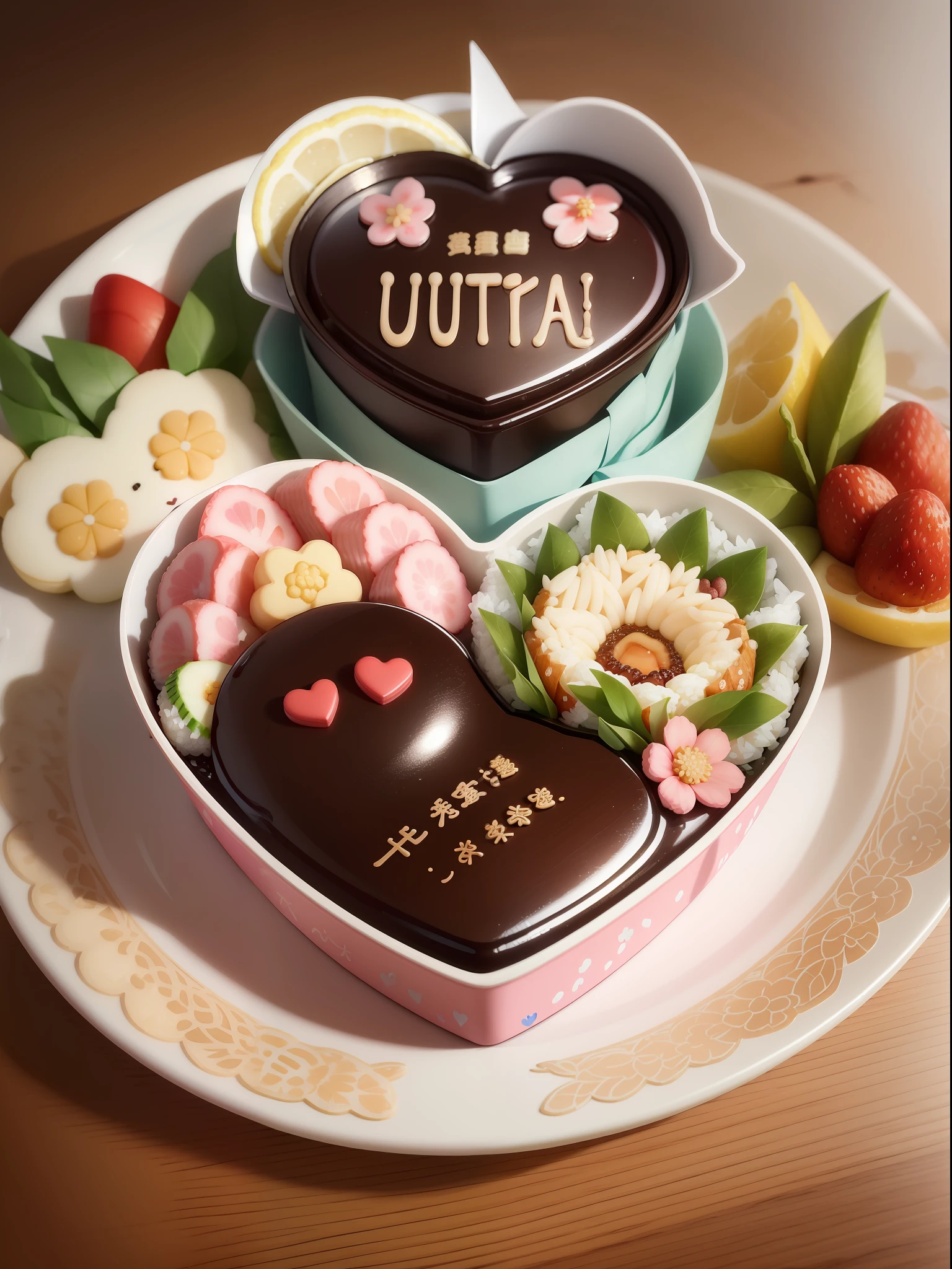 (((best quality))),(((ultra detailed))),(((masterpiece))), illustration, A super cute heart-shaped bento box with rice bears and rabbits, delicately arranged fruit and vegetable flower wreaths, small and exquisite desserts, and a sweet blessing note that reads “加油哦!”. Full shot photo of the most beautiful artwork in the world featuring cute heart-shaped bento box with rice animals, fruit and vegetable flower wreaths, delicate desserts, intricate details, high resolution, trending on social media, Instagram-worthy, kawaii, cute, adorable, sweet, pastel colors, trending on ArtStation, trending on CGSociety, children’s book, illustration, watercolor style, cartoon style, cute food art.