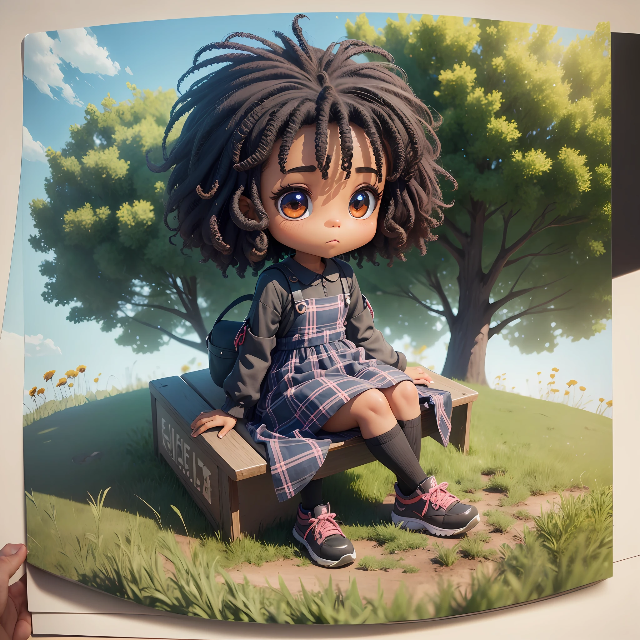 3D chibi a happy cartoon character sitting on a bench in a field, black girl, ((big fish eyes)), kind eyes, plaid dress, funny, movie art, clean shot, ghailan!, like a pixar character , beautiful child, kanekalon afro hair, ((full body))), grace and blessing, rendered in unreal, movie promo image, rendered deluxe image - --ar 2:3 --auto --s2