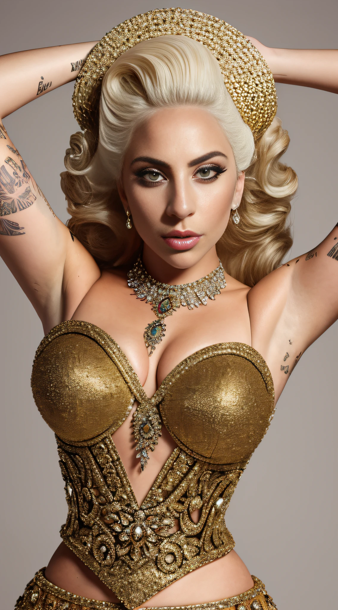 Photo of lady gaga, with details, accessories, inspired gala dresses, 1200 era. extravagance, FULL BODY texture 4K, high quality, gorgeous hairstyle, 8k image, high image quality,