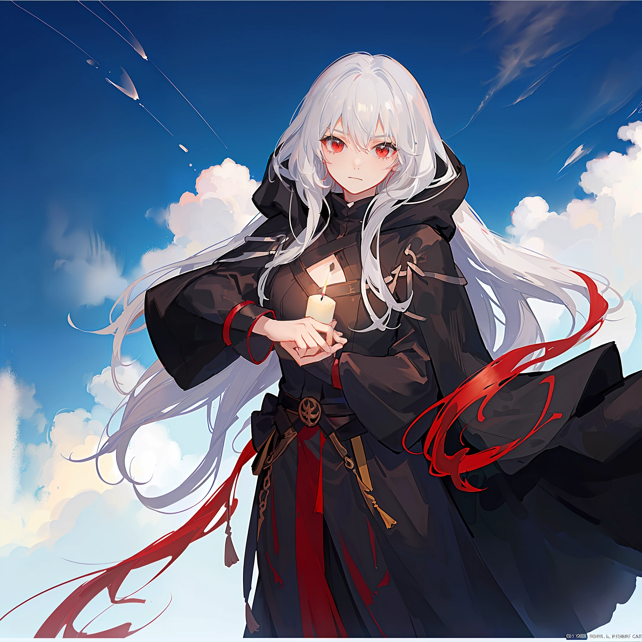 Maiden, black robe, hood, cape, red eyes, long white hair, calm expression, faint smile, anime, hand holding candle,