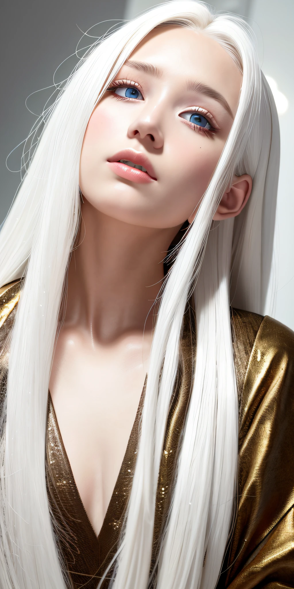 best quality, masterpiece,white hair, gold eyes,white clothes, looking up, upper body,hair strand,Fair skin,side braids