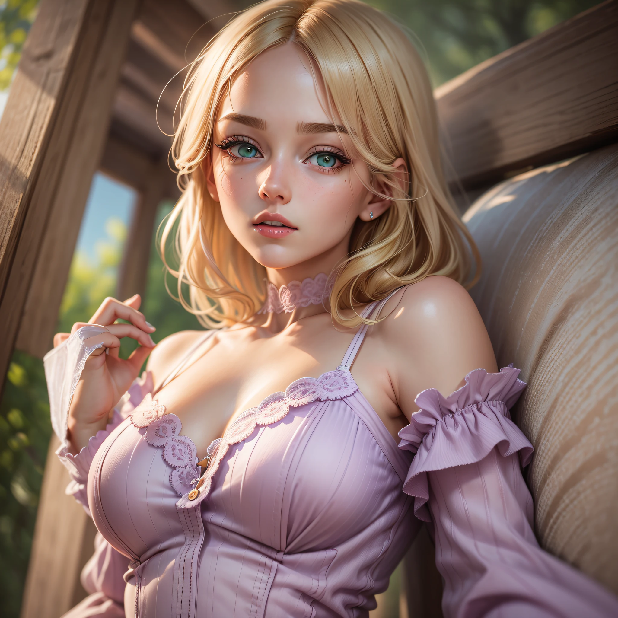 (hyper-realistic), (illustration), (high resolution), (8K), (extremely detailed), (best illustration), (beautiful detailed eyes), (best quality), (ultra-detailed), (masterpiece), (wallpaper), (detailed face) 1 girl, 20 years old, alone, short blonde hair at the shoulder, a fringe, slightly defined abdomen, in high detail, natural red lips, green eyes, long eyelashes, flushed cheeks, medium breasts, lilac dress with long sleeves glued together, simple, short, highly detailed, full body pose, high rendering --auto --s2