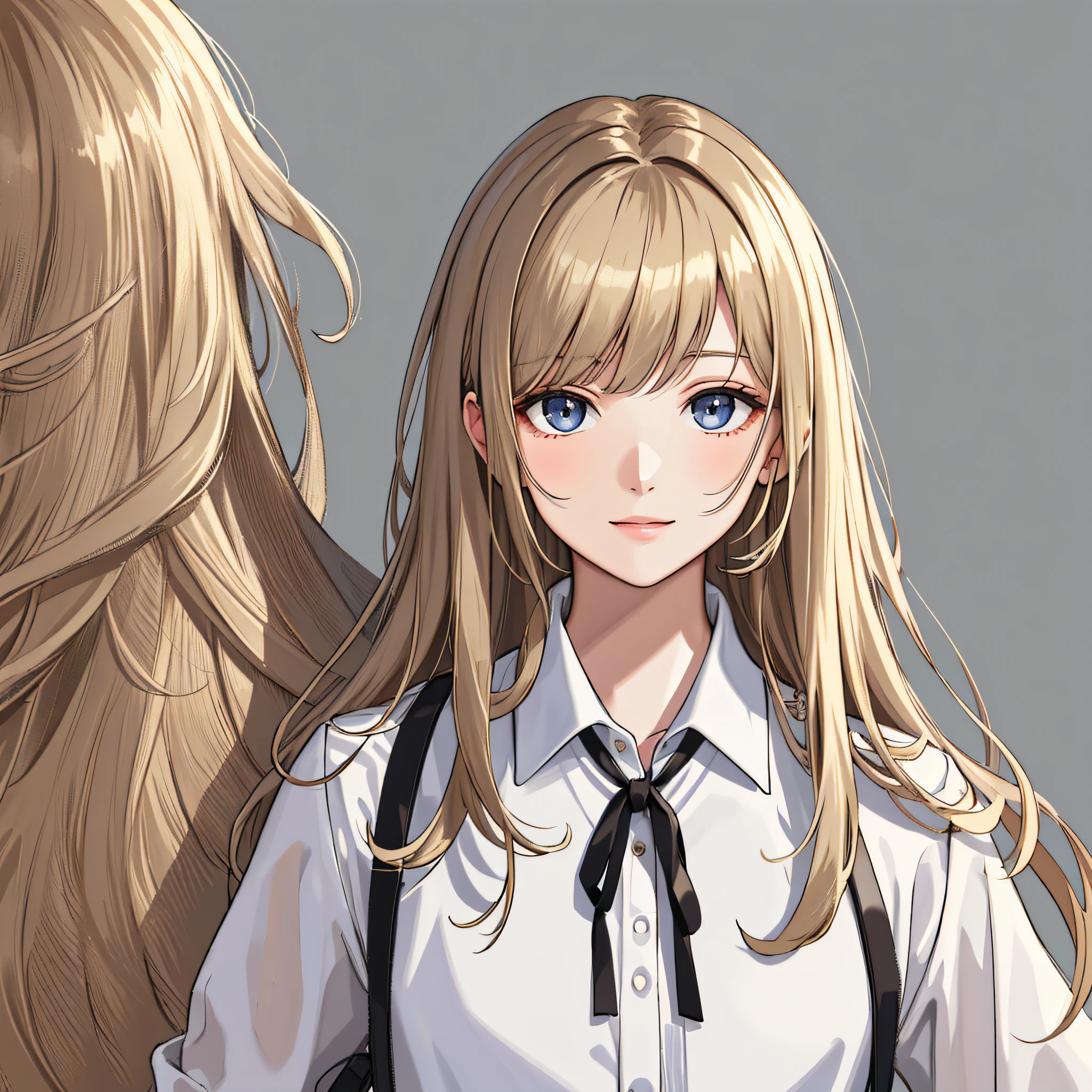 (masterpiece:1.1), (best quality), (ultra detailed),(disheveled hair),(illustration), (1girl), adult, standing, portrait view, looking at viewer, close up, happy, (interview), (simple background),beautiful detailed eyes, delicate beautiful face, focus on face, white dress shirt, professional clothing, dirty blonde hair, dark blonde hair, medium length hair, bangs, superflat style, gray background