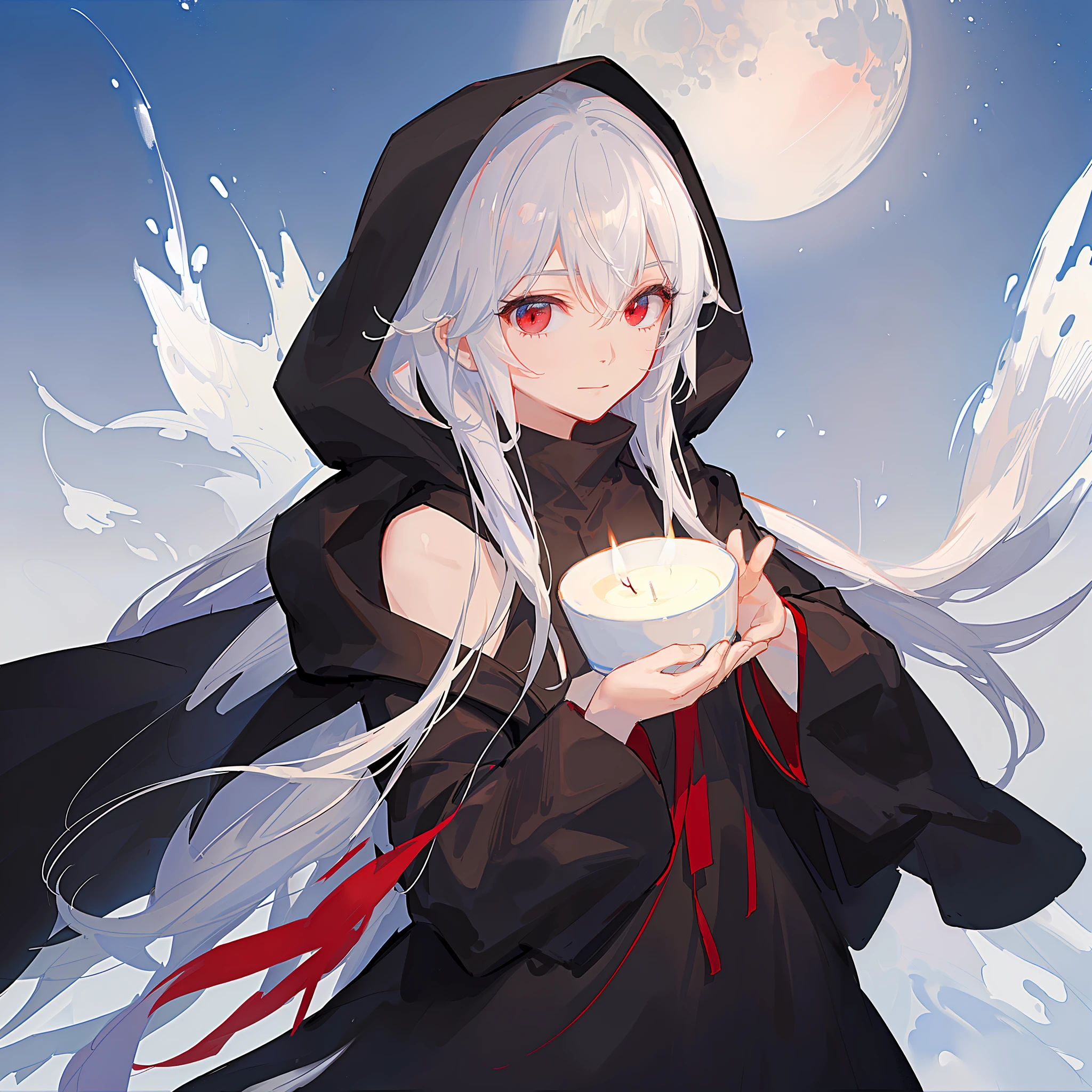 Maiden, black robe, hood, cape, red eyes, long white hair, calm expression, faint smile, anime, hand holding candle,