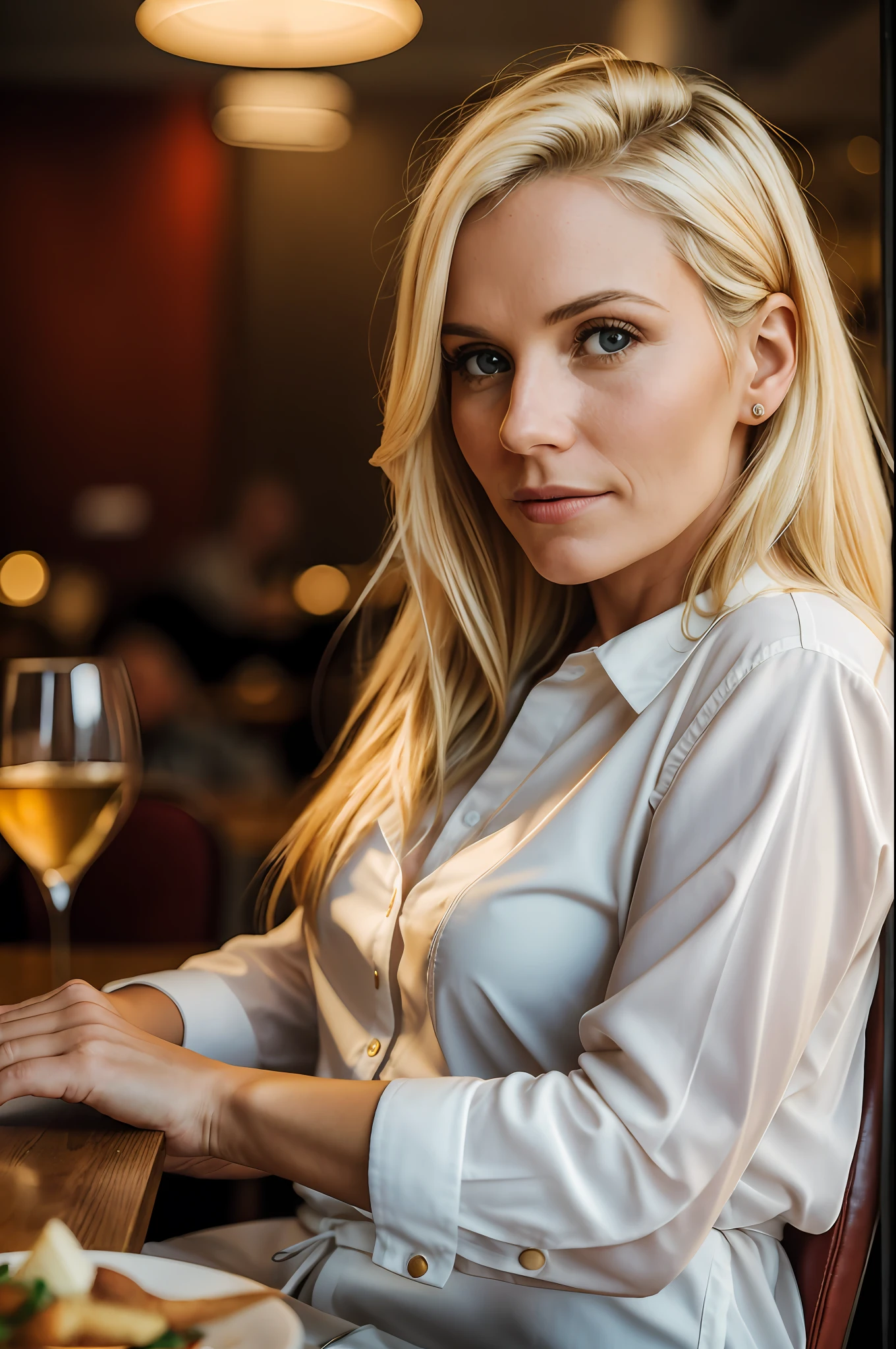 Portrait of a 40-year-old blonde woman in a restaurant, sitting, without showing her hands, sharp facial features, Cinematic, 35mm lens, f/1.8, highlight lighting, global lighting -in double hands --auto --s2