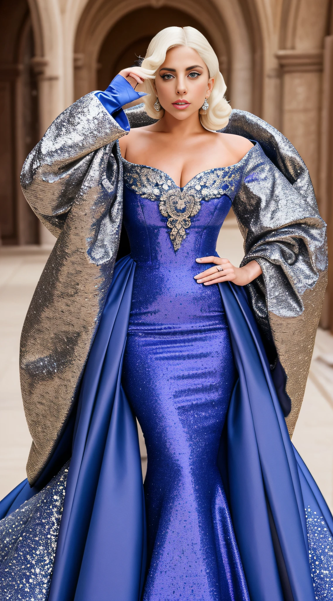 Photo of lady gaga, with details, accessories, inspired gala dresses, 1200 era. extravagance, FULL BODY texture 4K, high quality, gorgeous hairstyle, 8k image, high image quality,