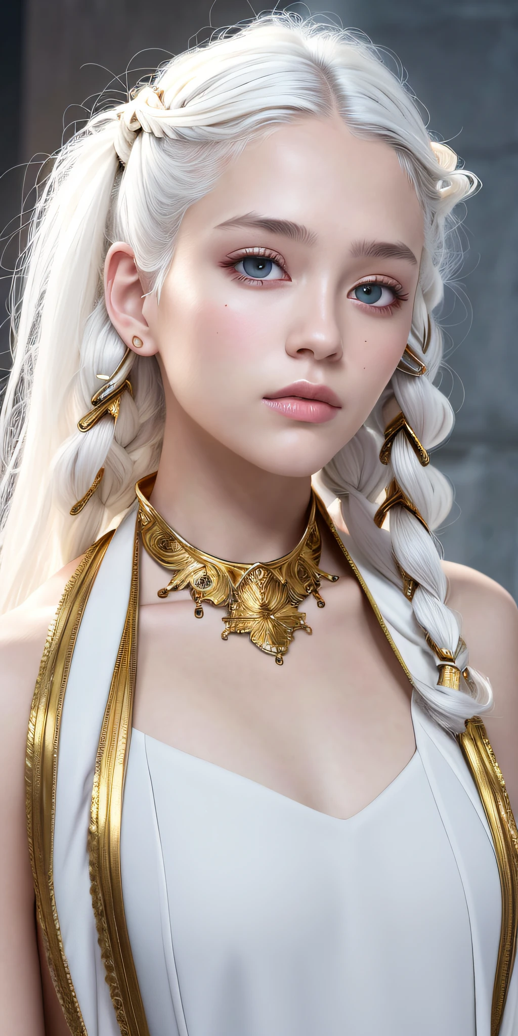 best quality, masterpiece,white hair, gold eyes,white clothes, looking up, upper body,hair strand,Fair skin,side braids