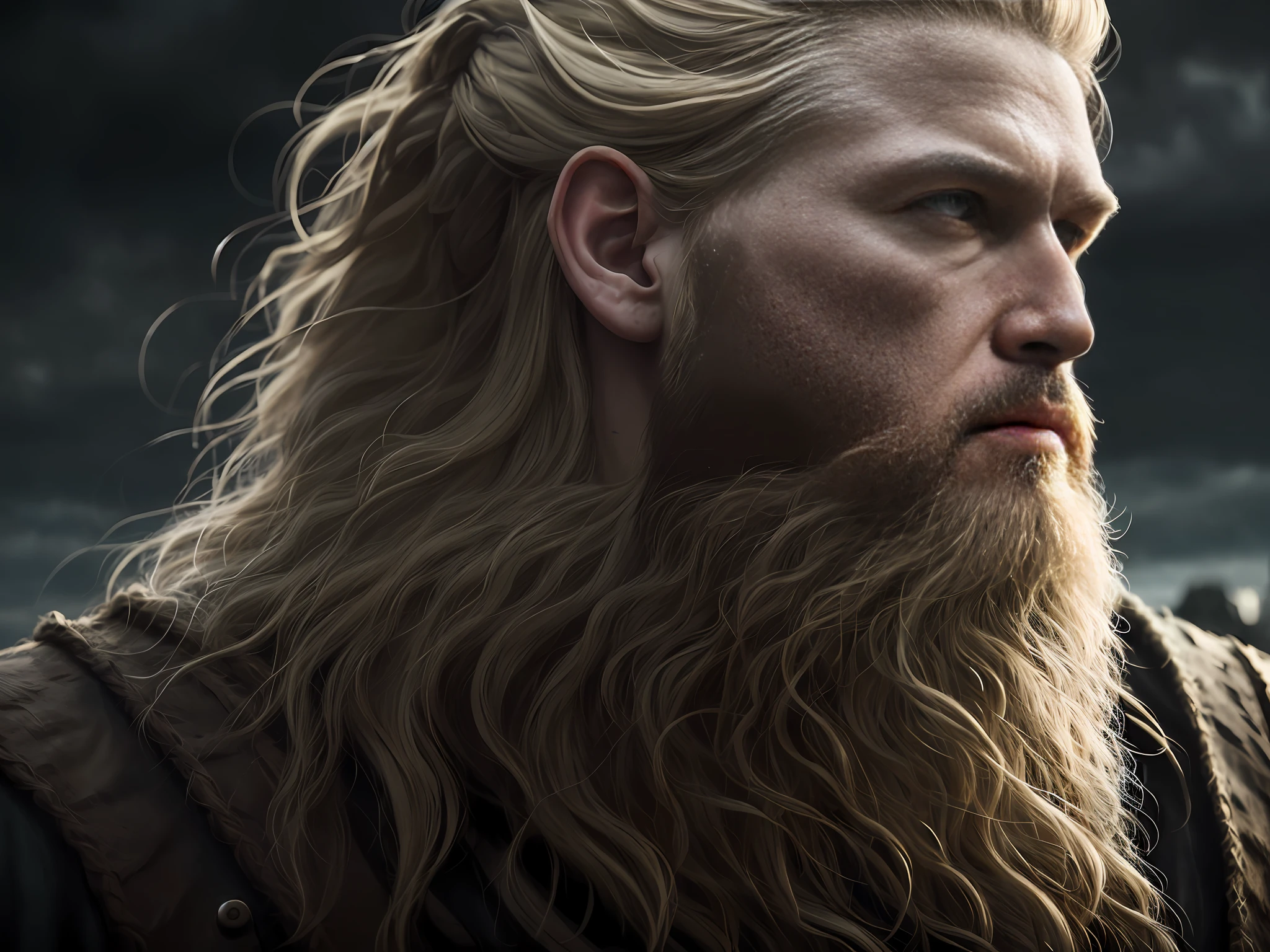 GIANT OF NOAH'S TIME Dark photo: realistic epic, blonde hair, (big beard), scars on the face, soft, medieval, highly detailed cinematic portrait, (neutral colors: 1.2), (hdr: 1.4), (soft colors:1.2), hyperdetailed, (artstation:1.4), cinematic, warm lights, dramatic light, (intricate details:1.1), celestial background, (blue and orange:0.4)