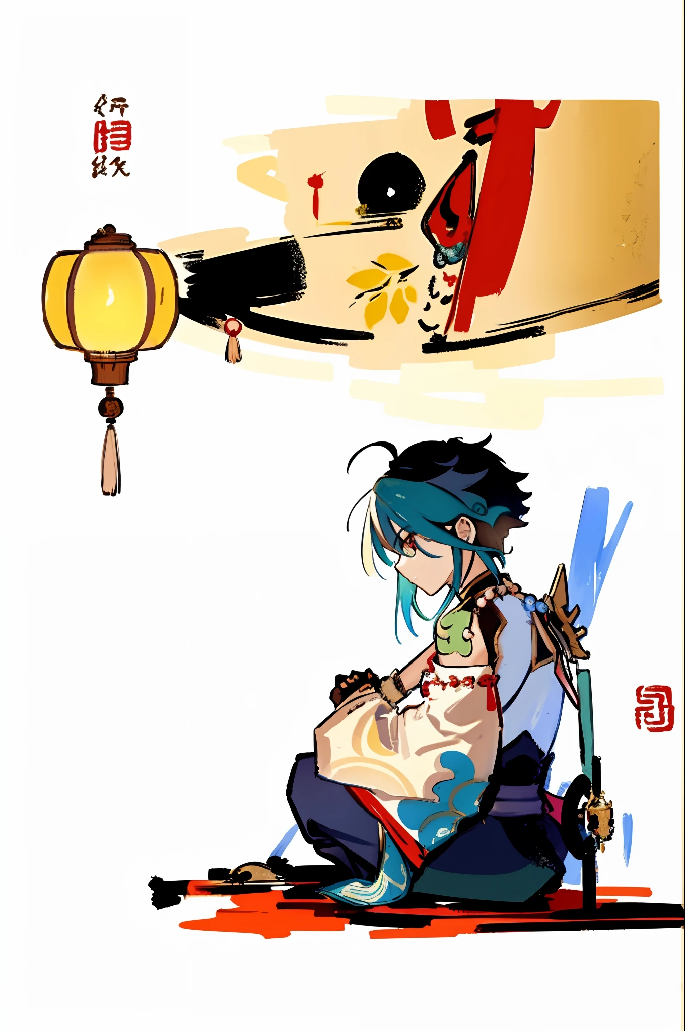 Manual Decomposition Sticker Sticker, Ancient Chinese Painter Qiu Ying Style, Wu Guanzhong, Chinese Painter Dai Guobang Republican Period Clean Background Chinese Style Ink Style, Cheongsam, Lantern, Line Draft Morandi Color Matching, Ultra HD, Animation Style, Full Body, ACGC, Boy Sitting on Chinese Furniture Chinese Painting Elements, Republic of China Decoration Knee board layout, multi-part character design, Watercolor style, hard edge fine brush stroke decomposition Bligh drawing disassembly design details 8K HD, industrial design, white background, white ambient light, studio lighting, brushes