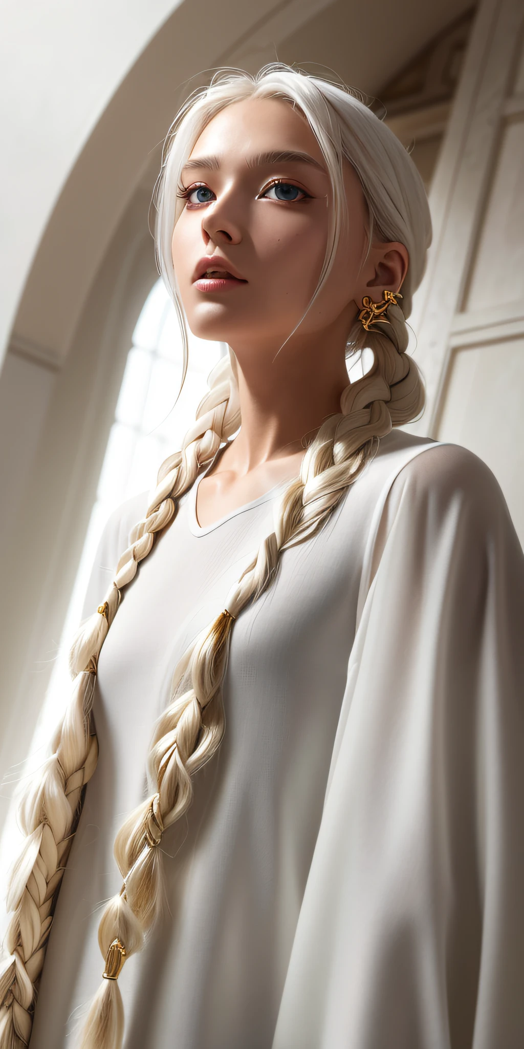 best quality, masterpiece,white hair, gold eyes,white clothes, looking up, upper body,hair strand,Fair skin,side braids
