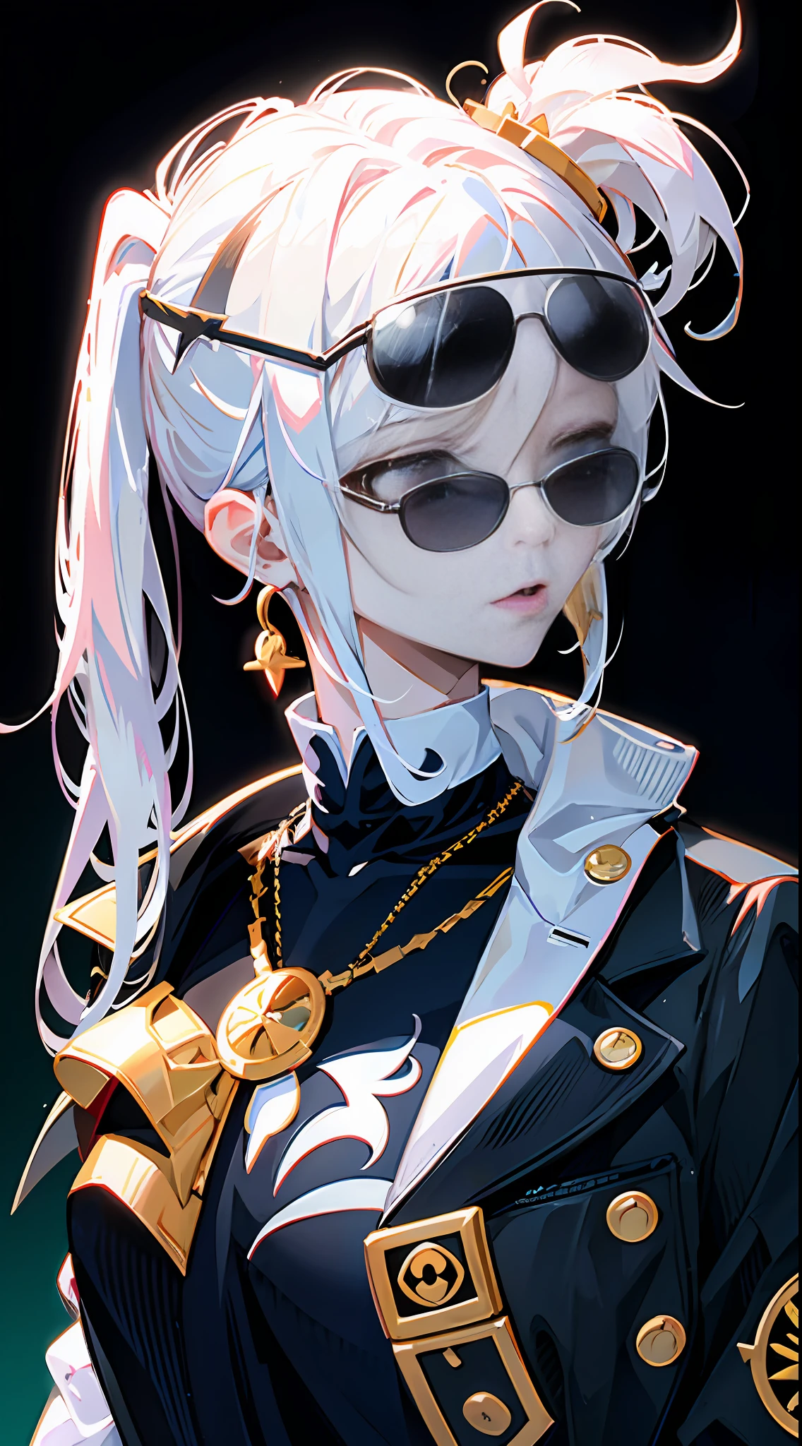 Best quality, masterpiece, super high resolution, anime girl with white hair and black jacket and sunglasses, detailed anime character art, high quality portrait, anime style characters, clean detailed anime style, anime characters, dramatic lighting, style anime (realism: 1.4), suit, gangster style, black tattoo at neck, collarbone, half chest, breasts, original photo, 1girl, white hair, shiny skin, (fantasy), vampire, earrings, accessories, glasses, sunglasses