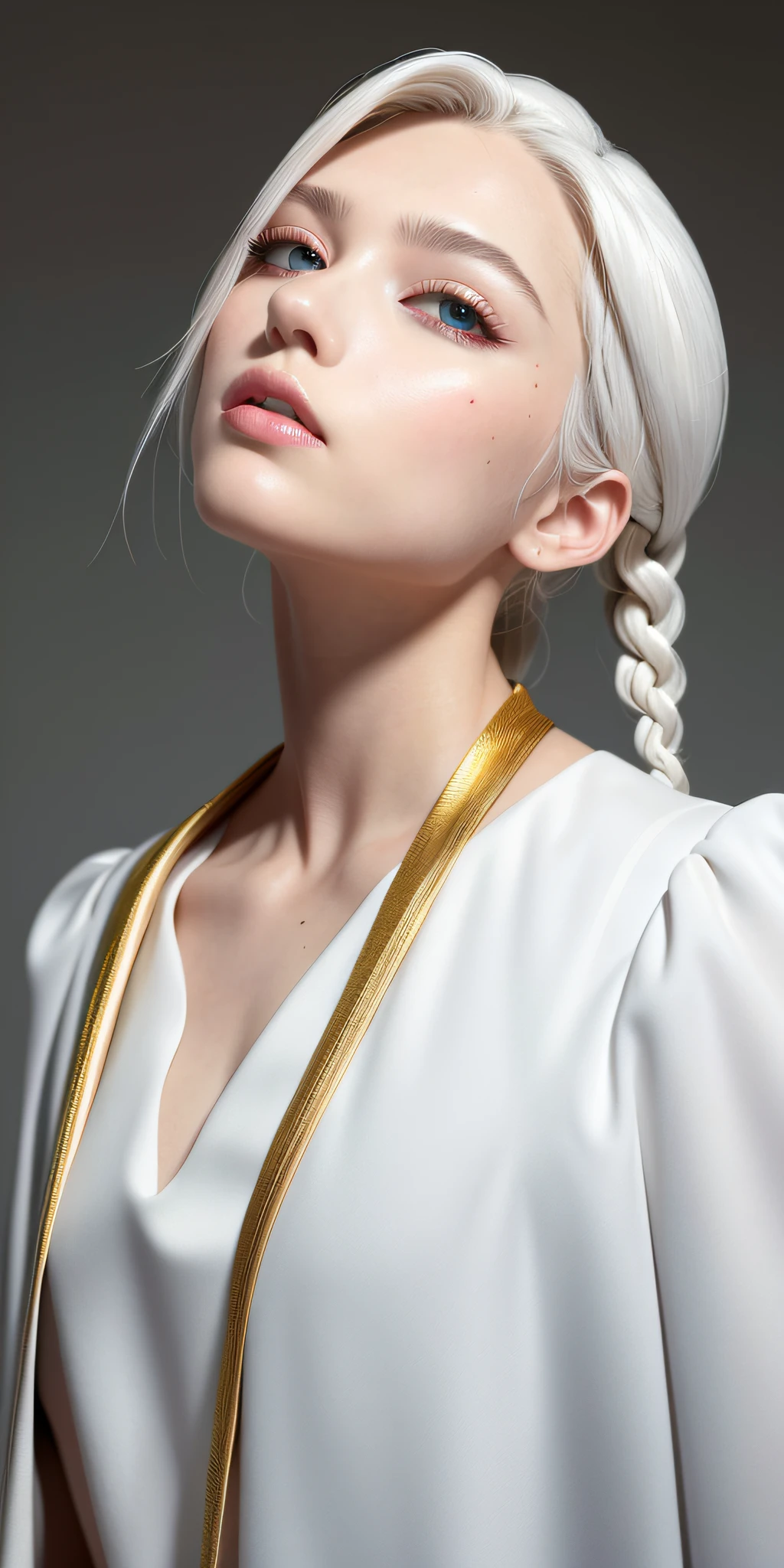 best quality, masterpiece,white hair, gold eyes,white clothes, looking up, upper body,hair strand,Fair skin,side braids