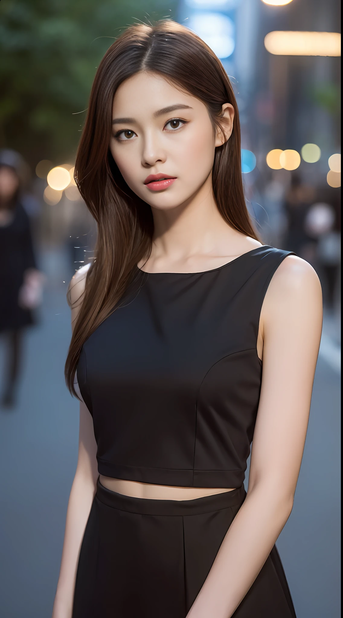 ((Realistic lighting, Best Quality, 8K, Masterpiece: 1.3)), Focus: 1.2, 1girl, Perfect Beauty: 1.4, Slim Abs: 1.1, ((Dark brown hair)), (Black dress: 1.4), (Outdoor, Night: 1.1), City streets, Super fine face, Fine eyes, Double eyelids,