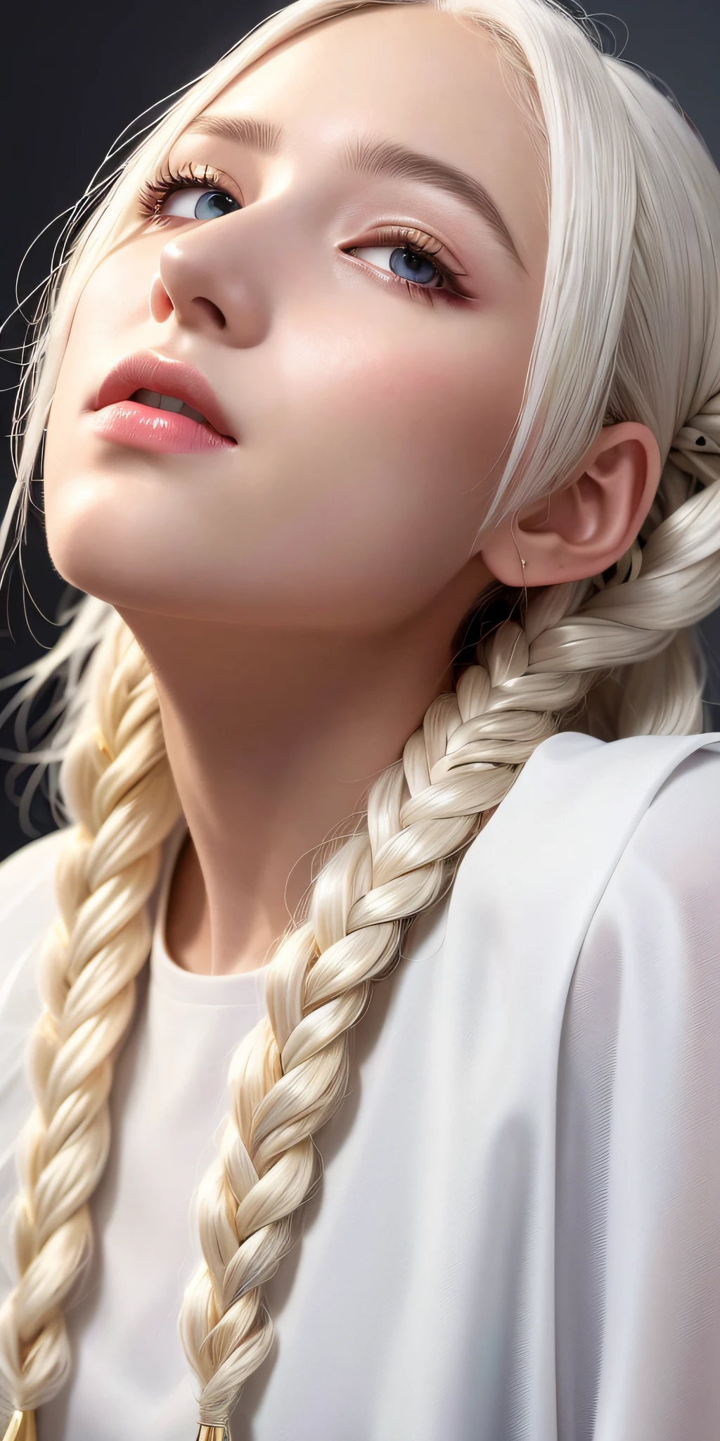 best quality, masterpiece,white hair, gold eyes,white clothes, looking up, upper body,hair strand,Fair skin,side braids