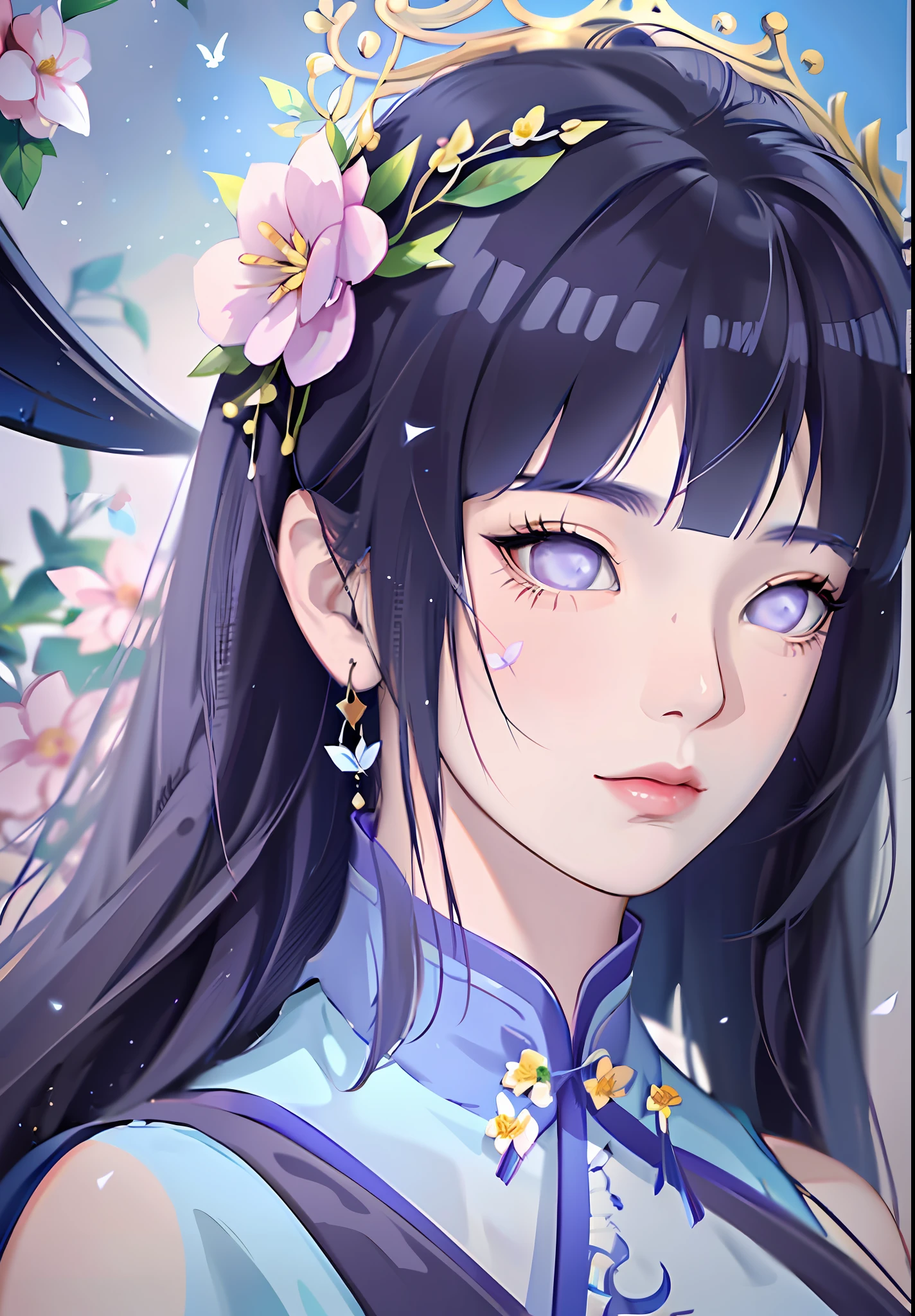 anime girl with dark blue hair wearing a blue dress, artwork in the style of guweiz, beautiful anime portrait, guweiz, beautiful anime girl, beautiful anime style, anime girl with dark blue hair, anime style. 8k, in the art style of bowater, beautiful digital illustration, beautiful character painting, stunning anime face portrait, ((blunt bangs)), purple eyes, (((flowers crown))), surrounded by blue butterflies, (((dynamic angle)))