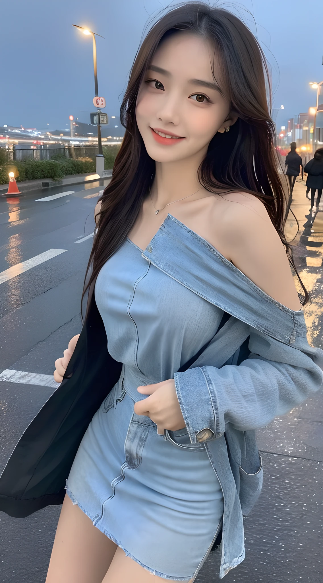 ((Best Quality, 8k, Masterpiece:1.3)), Focus:1.2, Perfect Body Beauty:1.4, Buttocks:1.2, ((Long Hair)), (Wet Clothes:1.1) , (Rain, Street:1.3), Off-the-Shoulder Miniskirt: 1.1, Highly Detailed Face and Skin Texture, Fine Eyes, Double Eyelids, Whitened Skin, Smile, City Night Roof