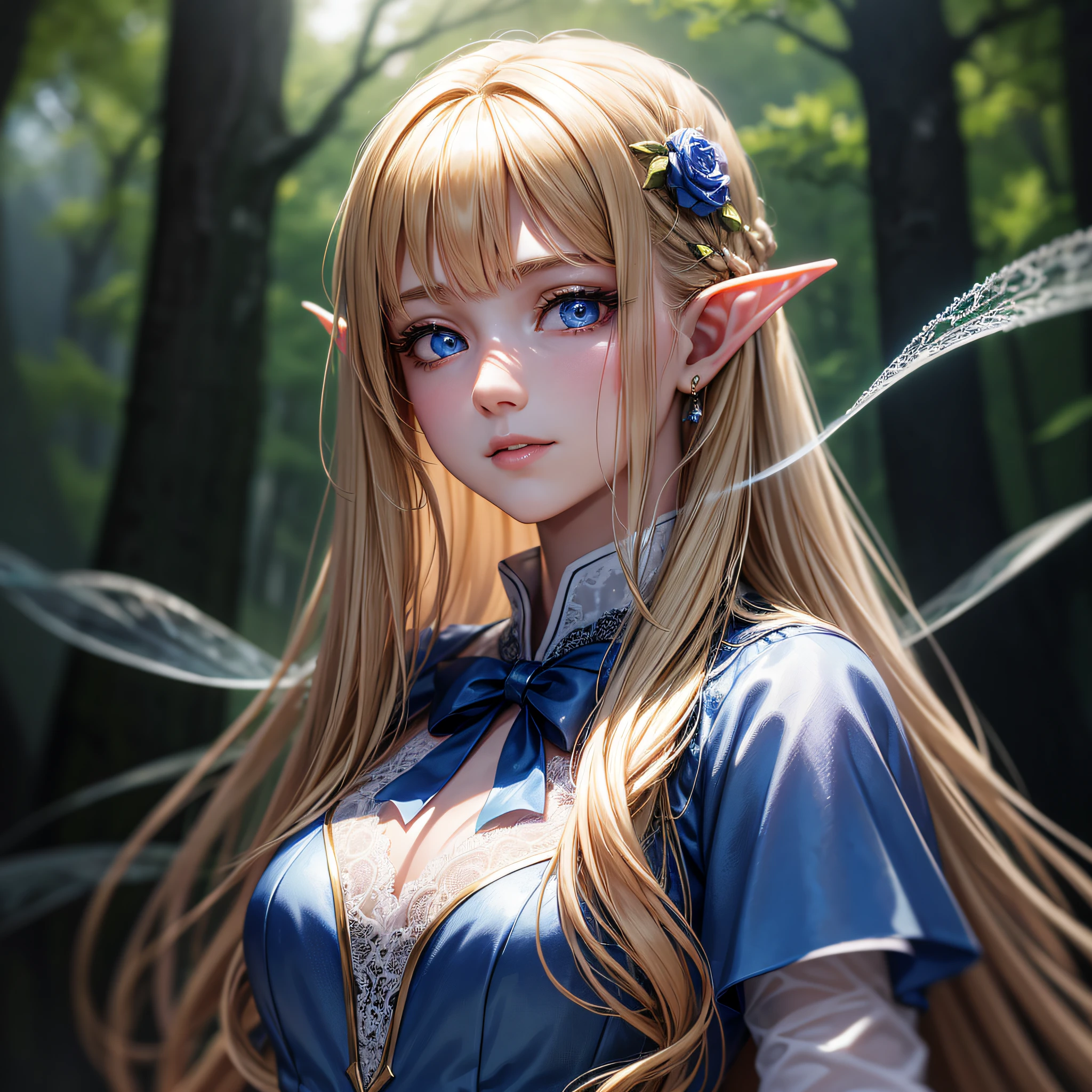Masterpiece, Best Quality, (Real:1.3), Best Quality, Bust Shot, Cinematic Lighting, Very Detailed, Sharp Focus, Very Detailed, Ultra Realistic, Depth of Field, Bokeh, Global Illumination, Volumetric Lighting, Subsurface Scattering, Caustics, Bloom, [Reflection], [Shadow], In the Forest (Mystical Fountain:1.05), detailed beautiful eyes, detailed eyelashes, beautiful face, upon_body, tyndall effect, photorealistic, rim lighting, very long blonde hair, blue eyes, silk, (lace: 1.1), transparent, fantasy landscape, with a gentle smile, small ears, age elf girl in high-class handmaiden clothes