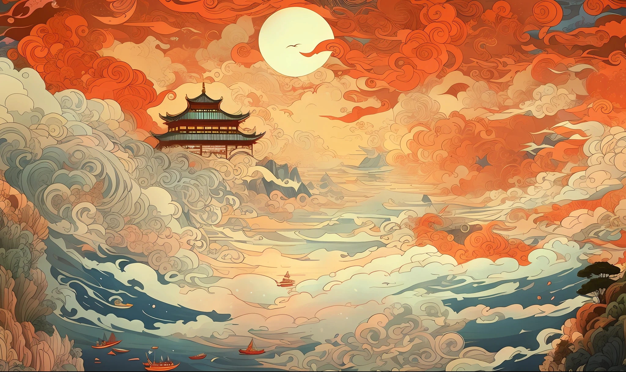 painting of a boat floating in the ocean under a cloudy sky, inspired by Victo Ngai, chinese surrealism, victo ngai and tristan eaton, painting of a dreamscape, james jean and victo ngai, chinese fantasy, victo ngai and surrealism, chinese style painting, victo ngai style, victo ngai fine texture