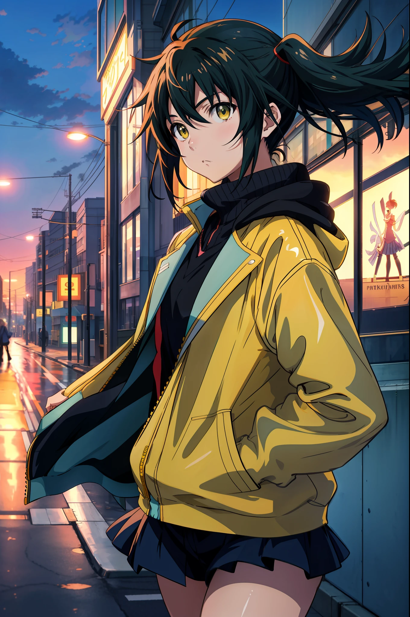 Anime girls in Makoto Shinkai's style wear yellow jackets on the street, which sets off against the city background. Moe details are clearly visible, the picture resolution is 4K, and the style is animetic and full of art. At the same time, the picture quality also ensures 8K high-definition detail rendering.