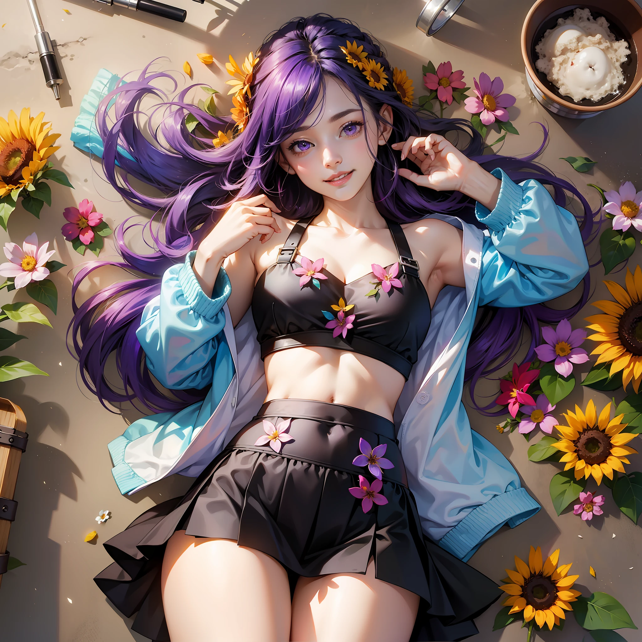 Summer Sunshine Fic Fanart by ffxfoxx_, 1girl, solo,, navel, thighs, flower, skirt, braid, purple eyes, underboob, multicolored hair, long hair, multicolored hair, sunflower, black thighs, cropped top, black mini skirt, watching viewer, on the back, parted lips, lying, smile, bare shoulders, belly, braids