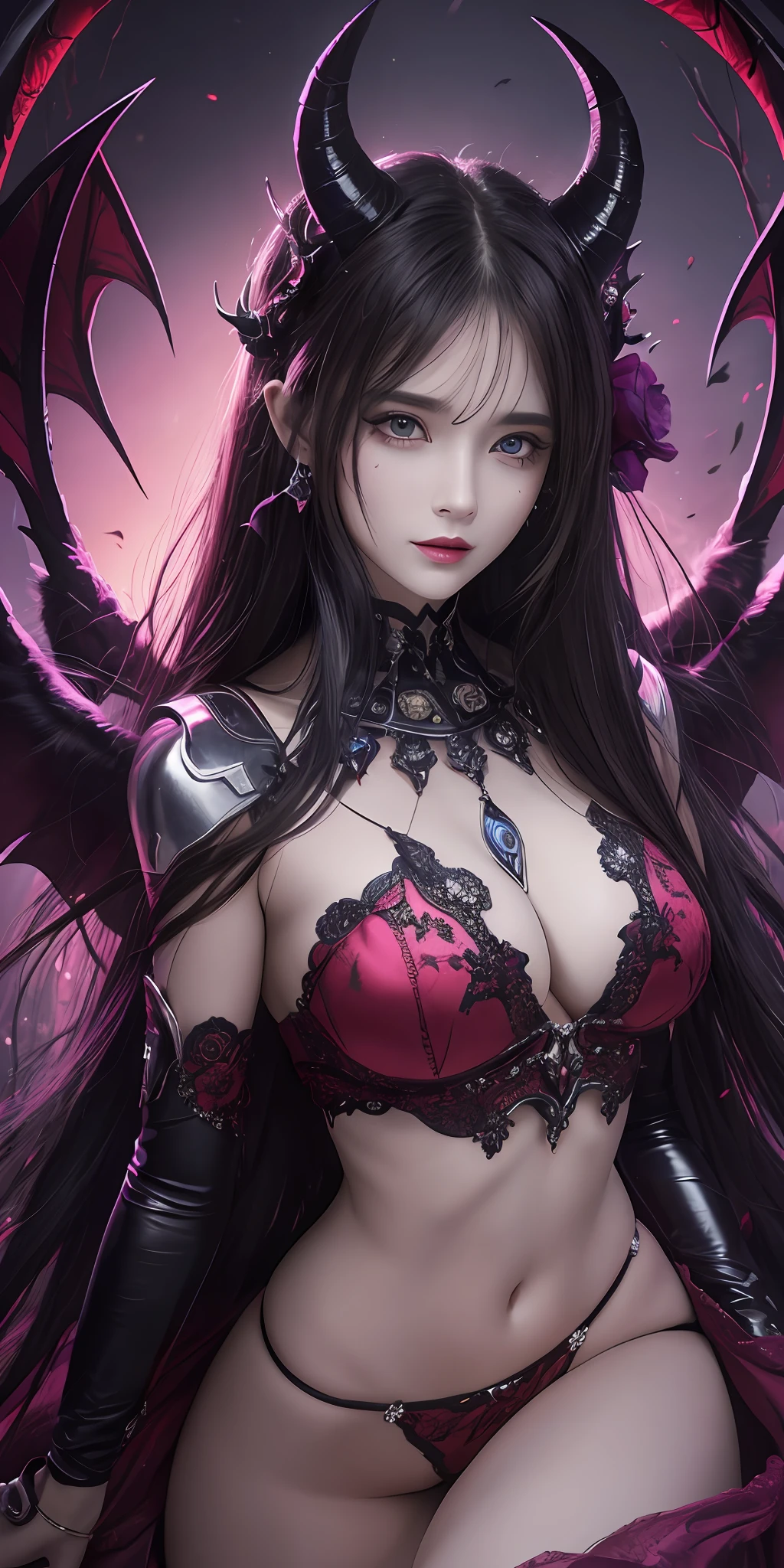 (16k, masterpiece, best quality), ultra-detailed, detailed beautiful round eyes, beautifully detailed face, high quality, high resolution, perfect anatomy, (a female demon appeared from the hell), in the darkness of the night, goddess of hell, straight hair, evil, an evil face, hell background, horn, big breast, mature women, dynamic pose, looking into the distance, devil wings, --s2