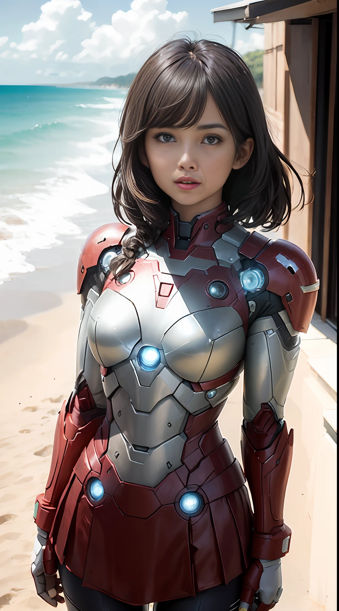 Iron Man, Seaside, (inspired by the Avengers), Mecha Girl, Robogirl, Safety Rating, (8K, Foto RAW, Fotorrealista: 1, 25), (Muito Brilho Labial, Muitos Cílios, Melhor Qualidade, Ultra Alta Resolução, Profundidade de Campo, Aberração Cromática, Luz Ampla, Cor Natural, distant images (1:2)