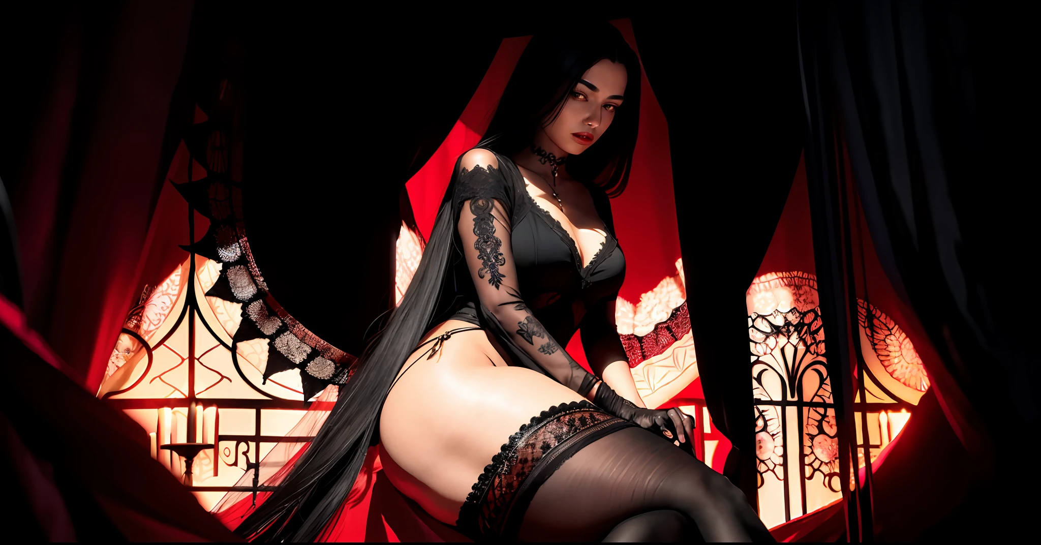 (masterpiece:1.2, best quality), (real picture, intricate details),1lady, very long hair, black hair,looking at viewer,serious,black dress,huge breasts,black lace thighhighs,jitome,dark night,full moon,((black wings)),bare shoulders,lace,shoulder tattoo, chest tattoo,anrgy, ((glowing red eye)),dark fantasy, (queen, goddess, divine, cursed),from below,sitting, lace trim, hair strand,(big hair),