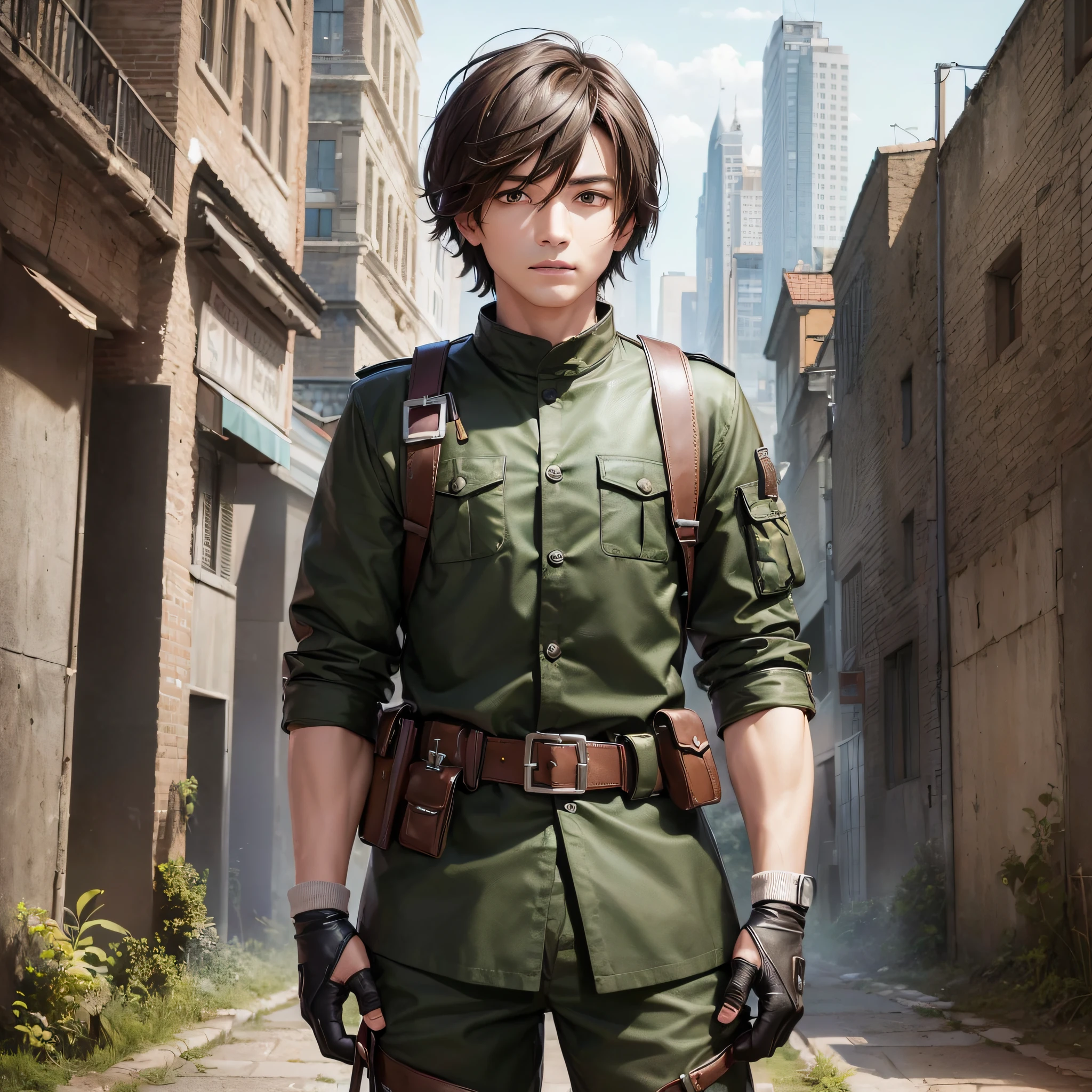(((Masterpiece))), Top Quality, Ultra High Definition, (Realistic: 1.4), (Masterpiece, Best Quality), Only 1 Person, Ruins, Ancient Ruins, Brown Hair, Black Eyes, Shirt, Standing Figure, Film View, Exaggerated Perspective, Superb Picture Quality, Ultra Detail, Ultra High Definition, Young Man in Uniform [Digital Art]!!, Kurz Jäger, wearing leather armor, in collaboration with anime painter studio, Fubuki, in anime style, soldier costume, high quality, --auto --s2