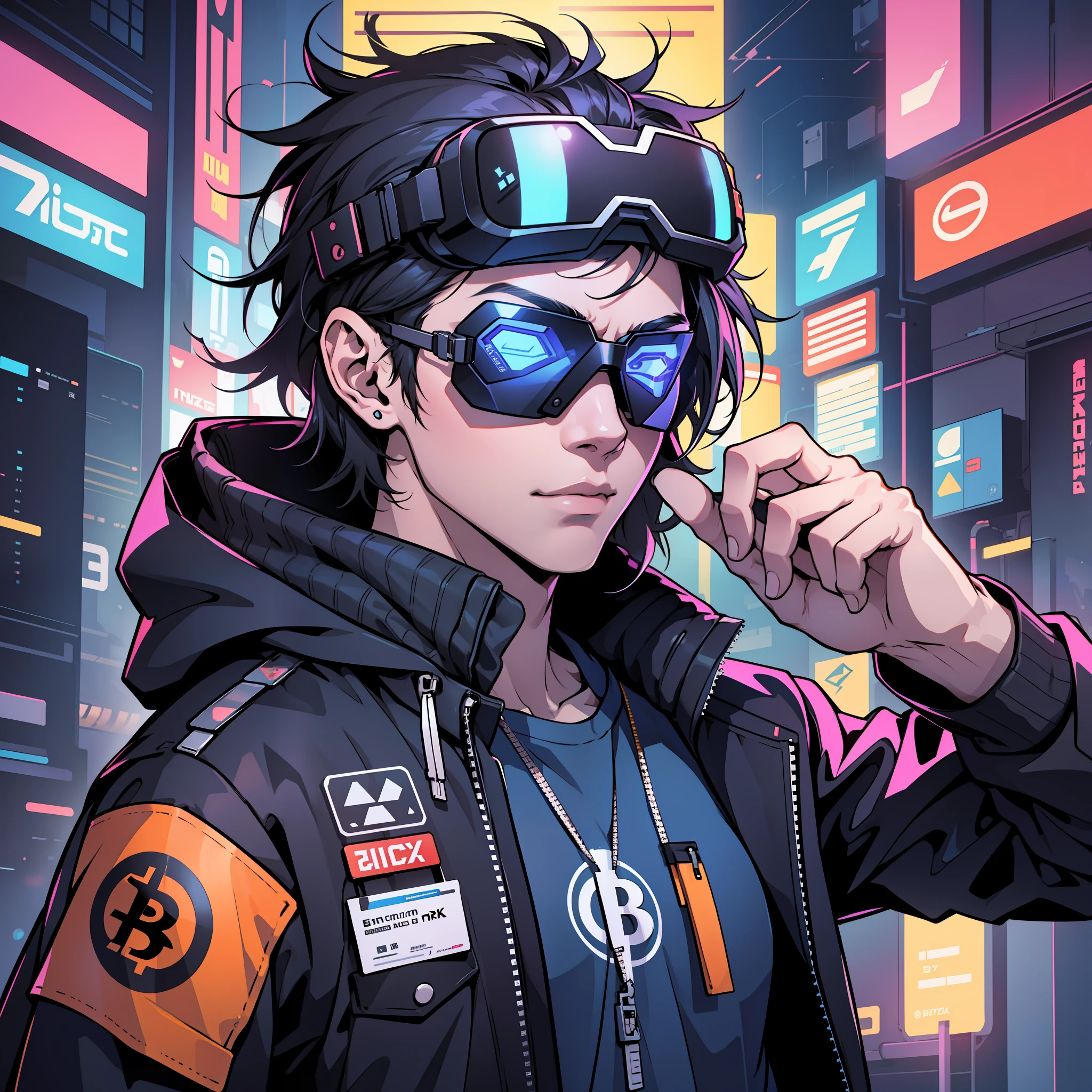 young guy,wearing vr glasses,with bitcoin symbol on lens,cyberpunk style,logo image,vectorized,improved quality
