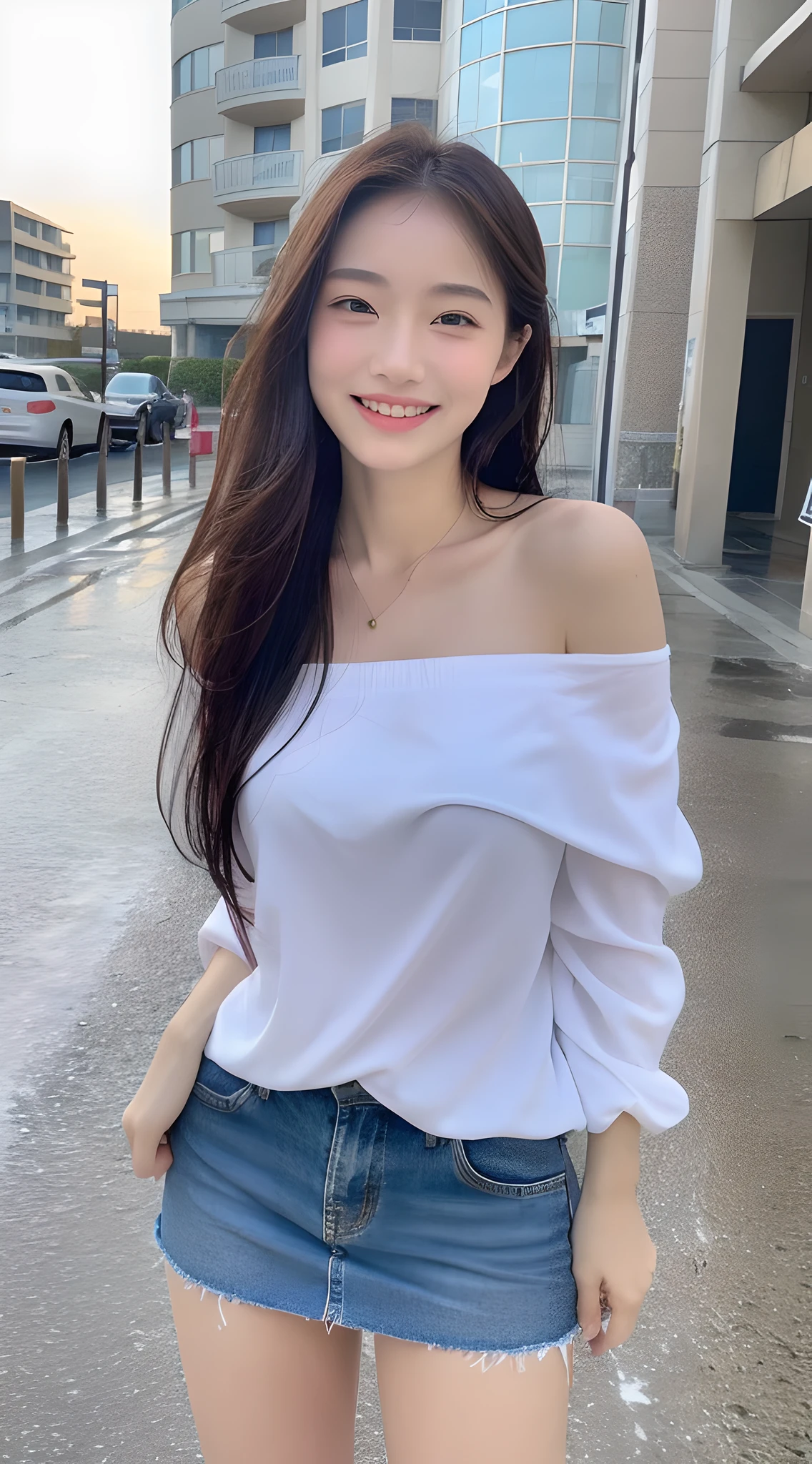 ((Best Quality, 8k, Masterpiece: 1.3)), Focus: 1.2, Perfect Body Beauty: 1.4, Buttocks: 1.2, ((Long Hair)), (Wet Clothes: 1.1) , (Rain, Street:1.3), Off-the-Shoulder Miniskirt: 1.1, Highly detailed face and skin texture, Fine eyes, Double eyelids, Whitened skin, Smile, seaside