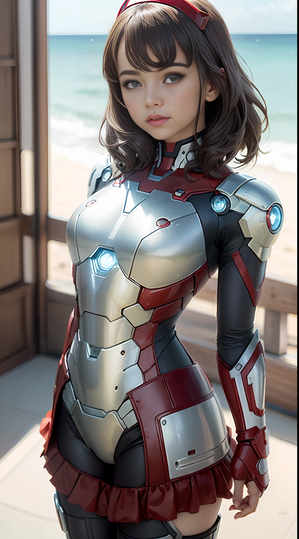 Iron Man, Seaside, (inspired by the Avengers), Mecha Girl, Robogirl, Safety Rating, (8K, Foto RAW, Fotorrealista: 1, 25), (Muito Brilho Labial, Muitos Cílios, Melhor Qualidade, Ultra Alta Resolução, Profundidade de Campo, Aberração Cromática, Luz Ampla, Cor Natural, distant images (1:2)