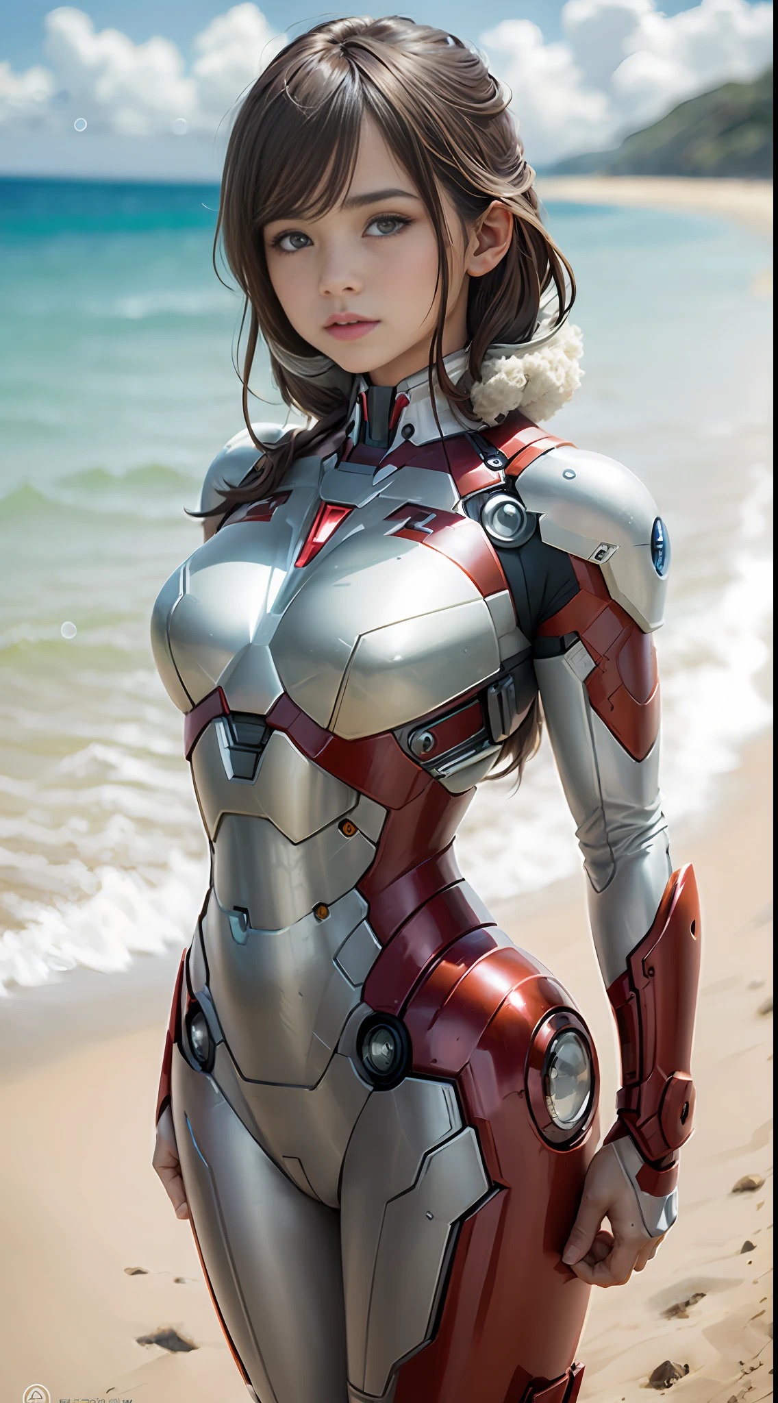 Iron Man, Seaside, (inspired by the Avengers), Mecha Girl, Robogirl, Safety Rating, (8K, Foto RAW, Fotorrealista: 1, 25), (Muito Brilho Labial, Muitos Cílios, Melhor Qualidade, Ultra Alta Resolução, Profundidade de Campo, Aberração Cromática, Luz Ampla, Cor Natural, distant images (1:2)