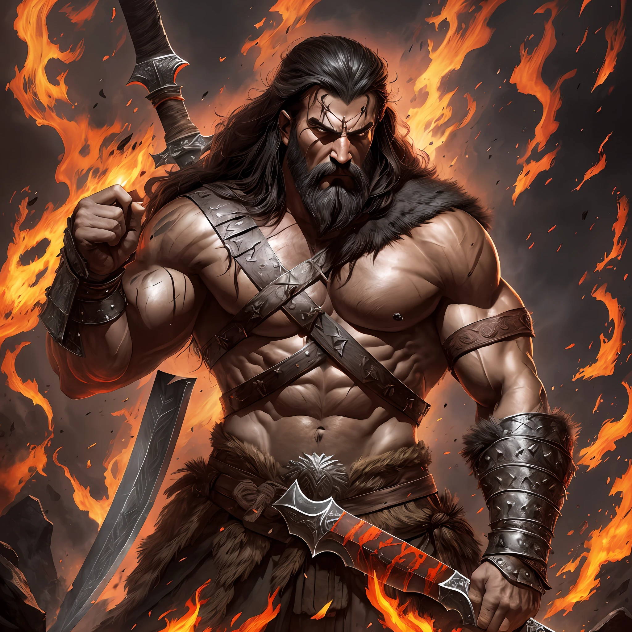 a man with a black sword In a war, Roman battlefield, Angry and fighting, barbarian, barbarian on Roman battlefield, barbarian class, berserker, epic mythology, conan the barbarian, barbarian warrior, conan, male barbarian, frank frazetta8k, fur-clad barbarian goliath, dark epic fantasy, viking berserker, heroic masculine pose, wielding a huge great axe, brom redshift, Fire blood everywhere --auto --s2