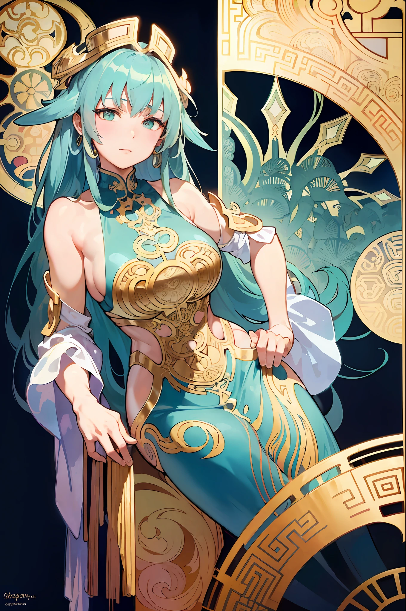 (Alphonse Mucha: 1.4), Facial portrait of a Chinese beauty, Tang Dynasty ladies, Tang Dynasty architectural decoration with long hair, cyan hair flower decoration, (detailed + intricate details: 1.2), 4K, abstract art, body proportional, line art, side face, colorful, Fibonacci, Mucha style