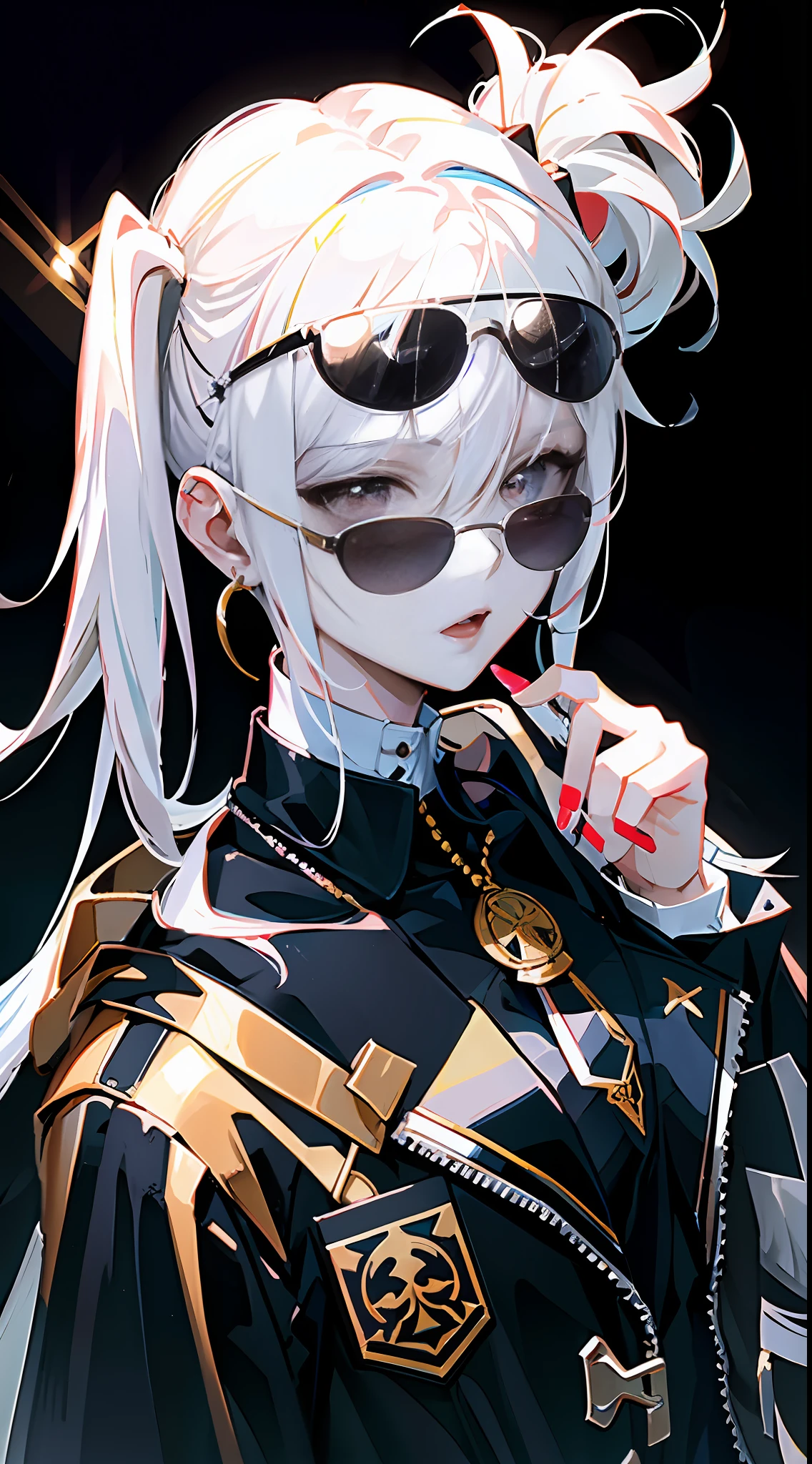 Best quality, masterpiece, super high resolution, anime girl with white hair and black jacket and sunglasses, detailed anime character art, high quality portrait, anime style characters, clean detailed anime style, anime characters, dramatic lighting, style anime (realism: 1.4), suit, gangster style, black tattoo at neck, collarbone, chest full, translucent, breasts, original photo, 1girl, white hair, shiny skin, (fantasy), vampire, earrings, accessories, glasses, sunglasses