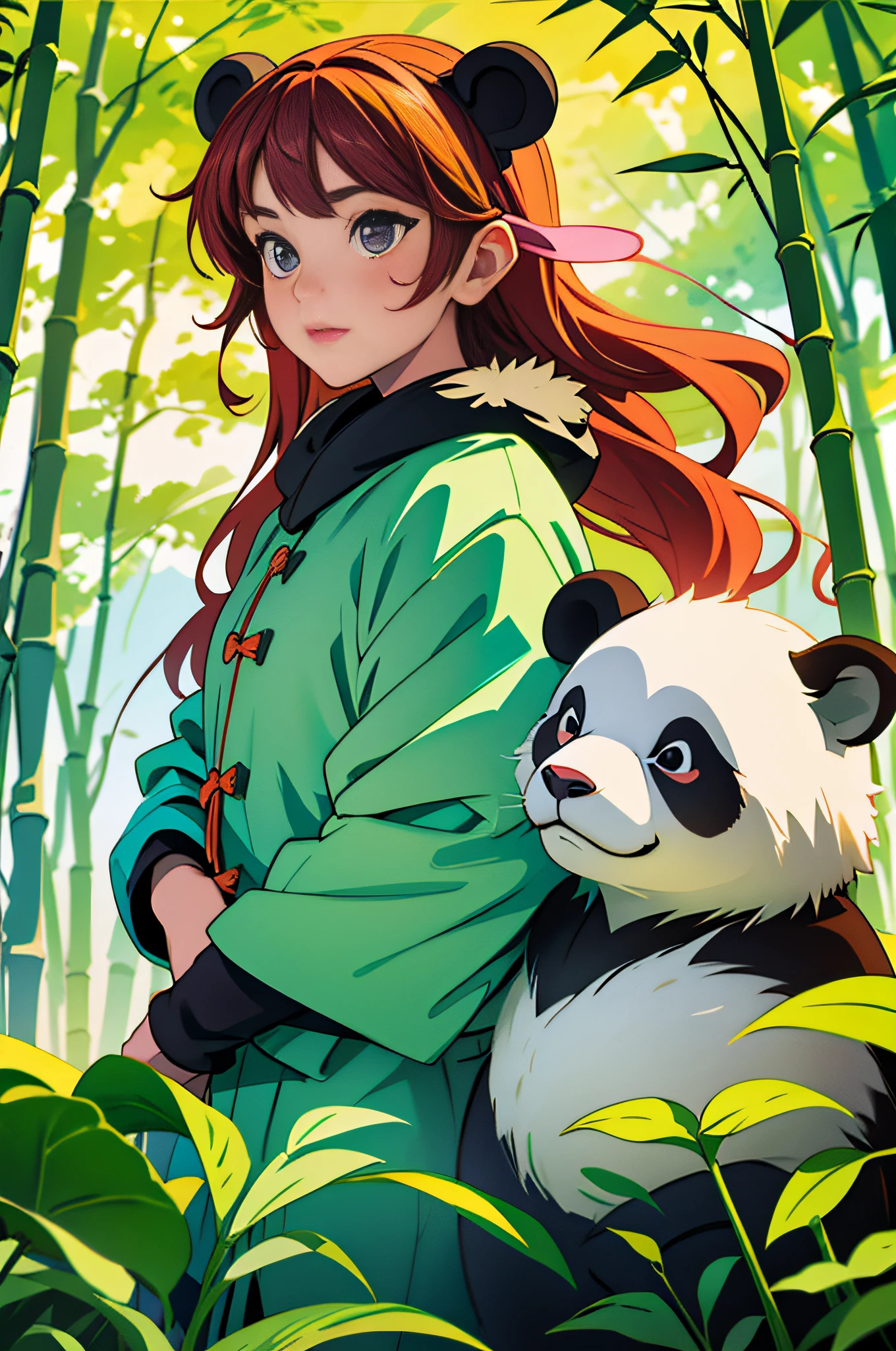 Masterpiece, best quality, panda, manga, colorful, bamboo forest